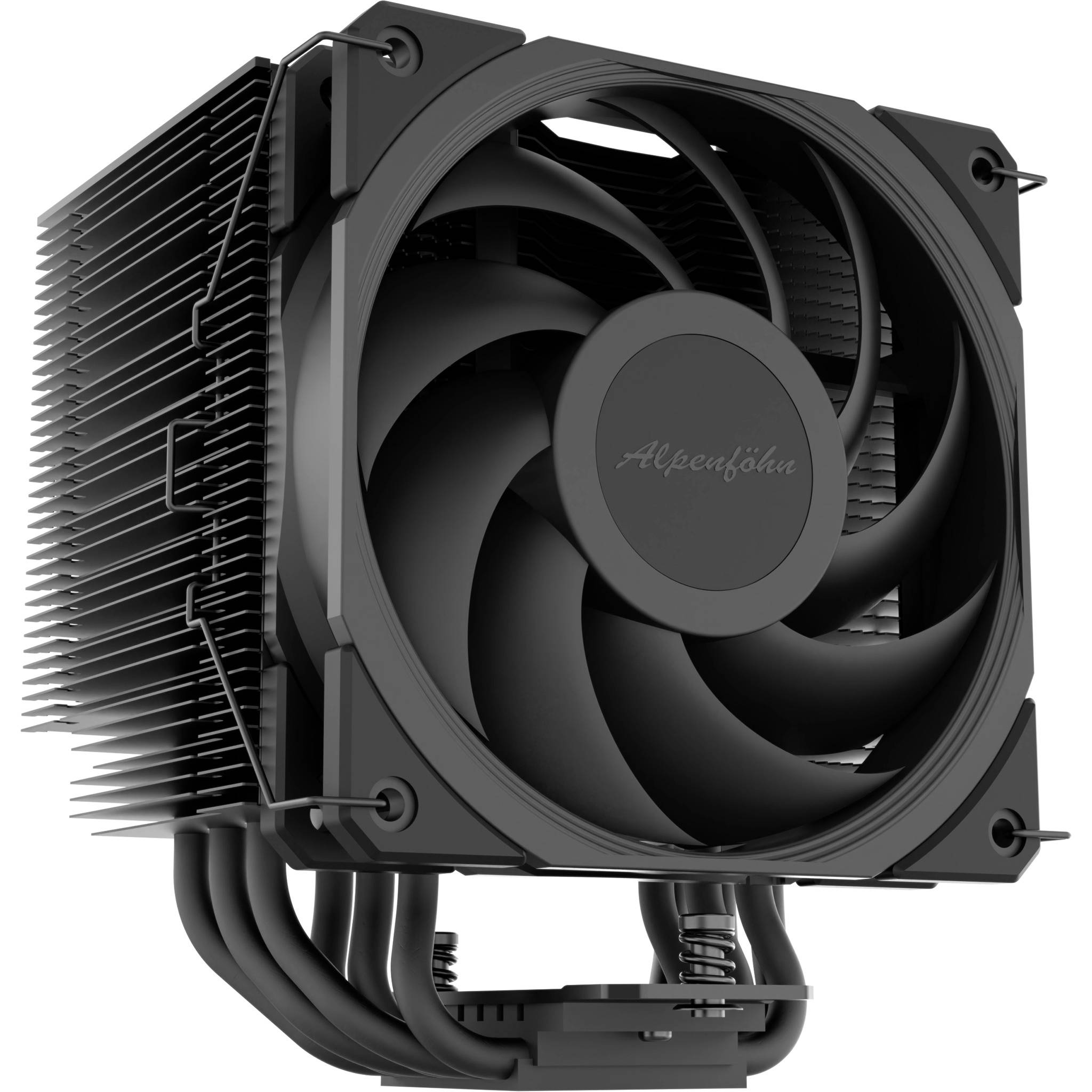 Svart luftkylare för processor med stor fläkt, finstack och värmepipor mot en vit bakgrund.