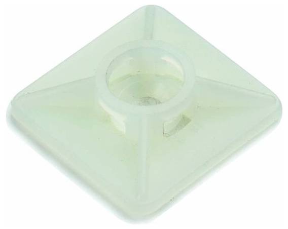Transparent kvadratisk plastmonteringsbas med en central cirkulär öppning och upphöjda kanter, visad på en vit bakgrund.