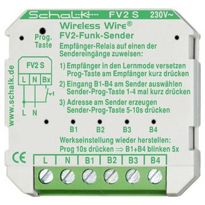 Schalk FV2 S trådlös sändarmodul, med terminalschema och tyska installationsinstruktioner för tilldelning av mottagarrelä till ingångar B1-B4.