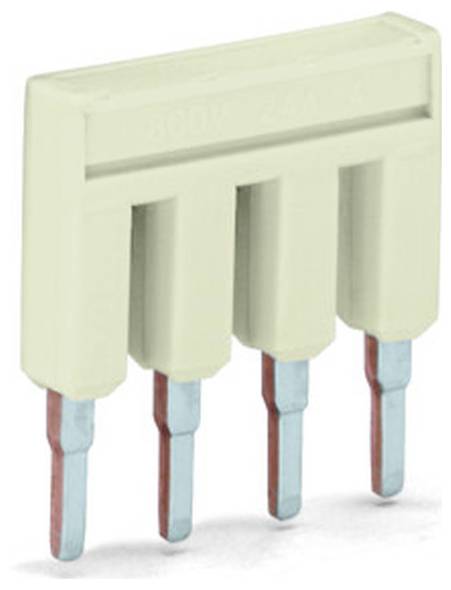 Fyrpolig elektrisk kontakt med vita plastskydd och fyra metallkontakter.