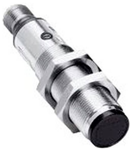 Metallisk cylindrisk sensor med gängade ändar och svart spets, visad på vit bakgrund.