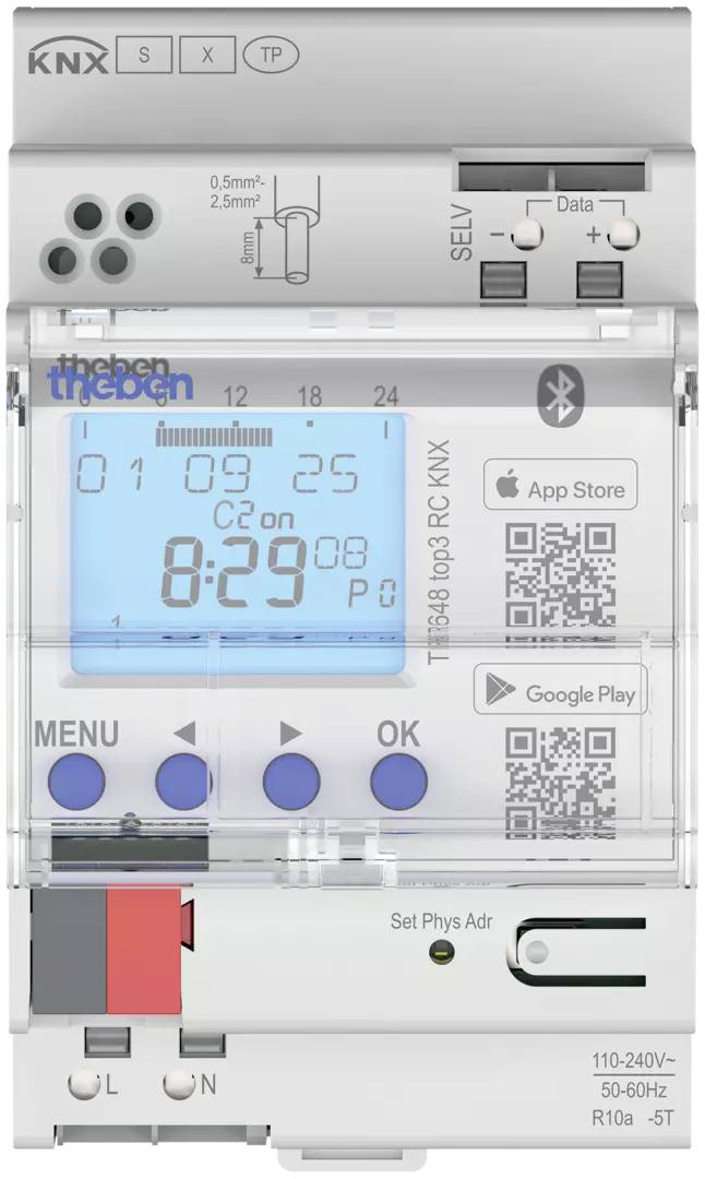 Digital KNX-rumstemperstat/styrenhet med blå bakgrundslyst display som visar 8:29, knappar, anslutningsklämmor och QR-koder för App Store och Google Play.