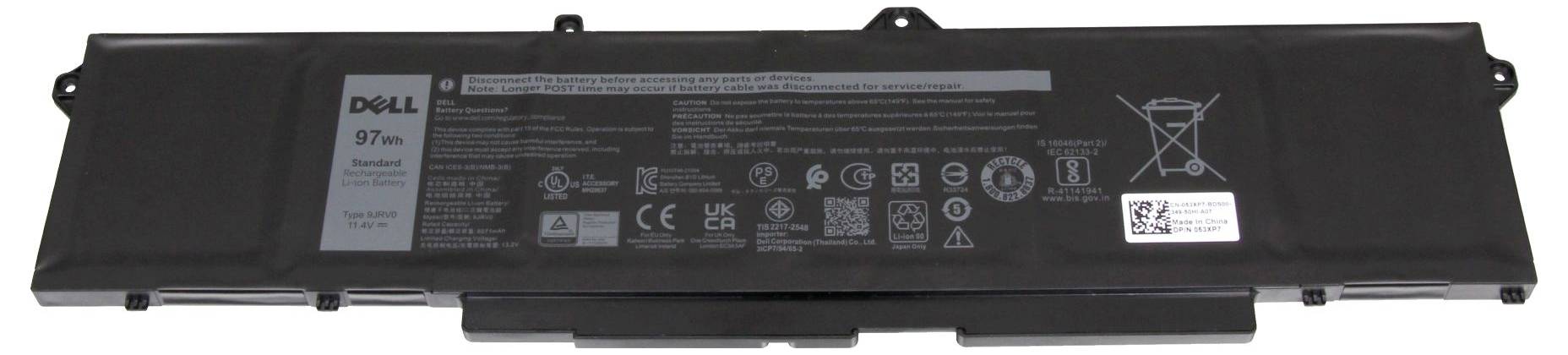 Svart Dell-laptopbatteripaket med etiketter och certifieringsikoner, visad från sidan på vit bakgrund.