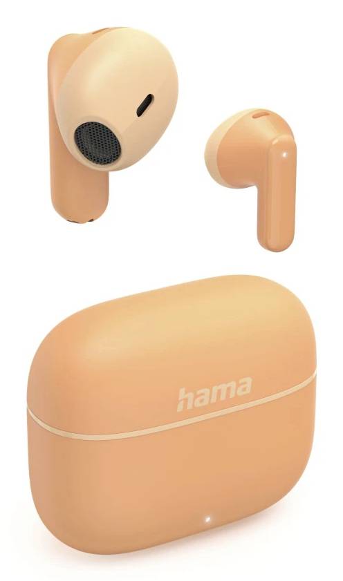 Orange Hama trådlösa öronsnäckor med laddningsfodral, visade från flera vinklar på en vit bakgrund.