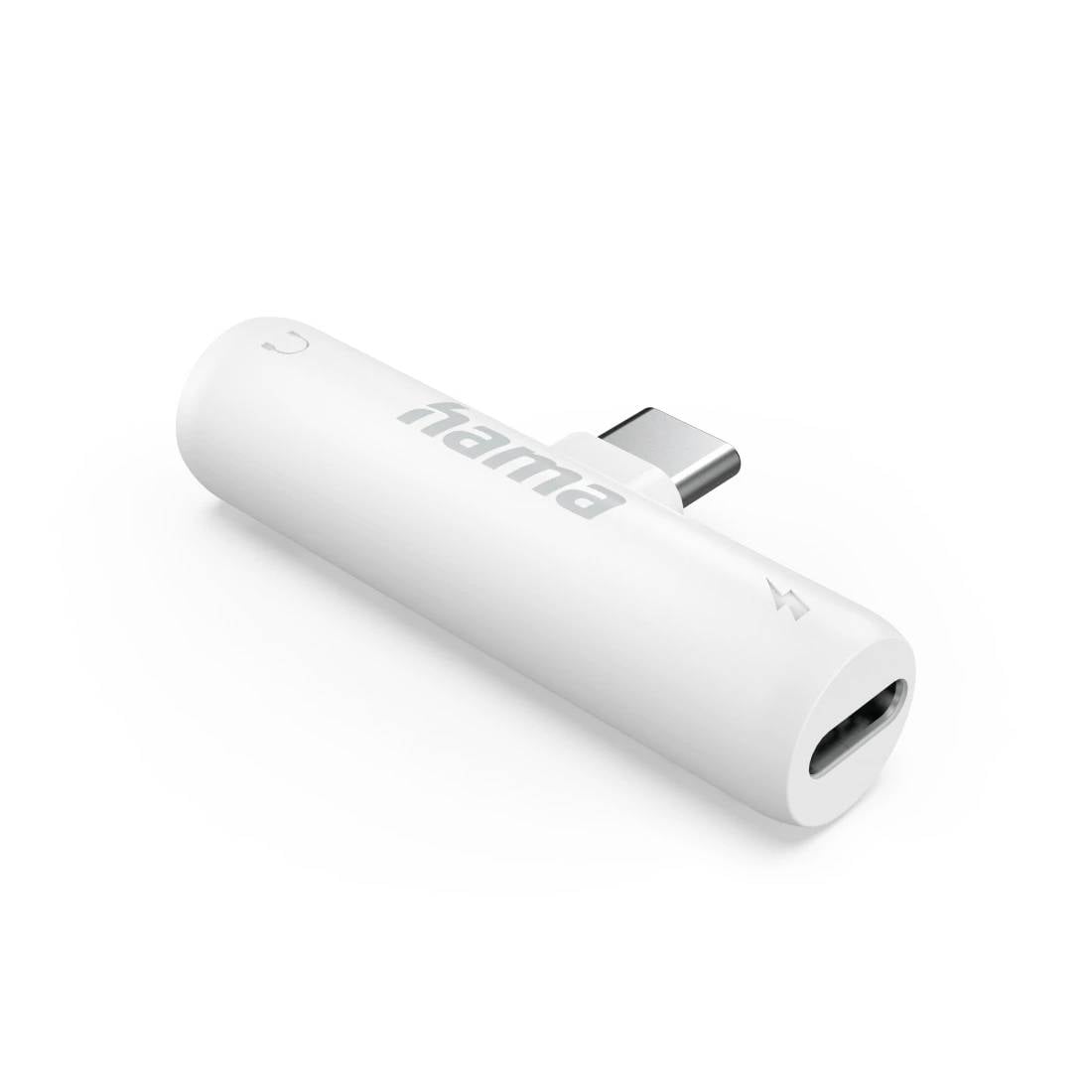 Vit Hama USB-C-adapterdongle med Hama-logotyp och laddningsikon, visad på en enkel bakgrund.