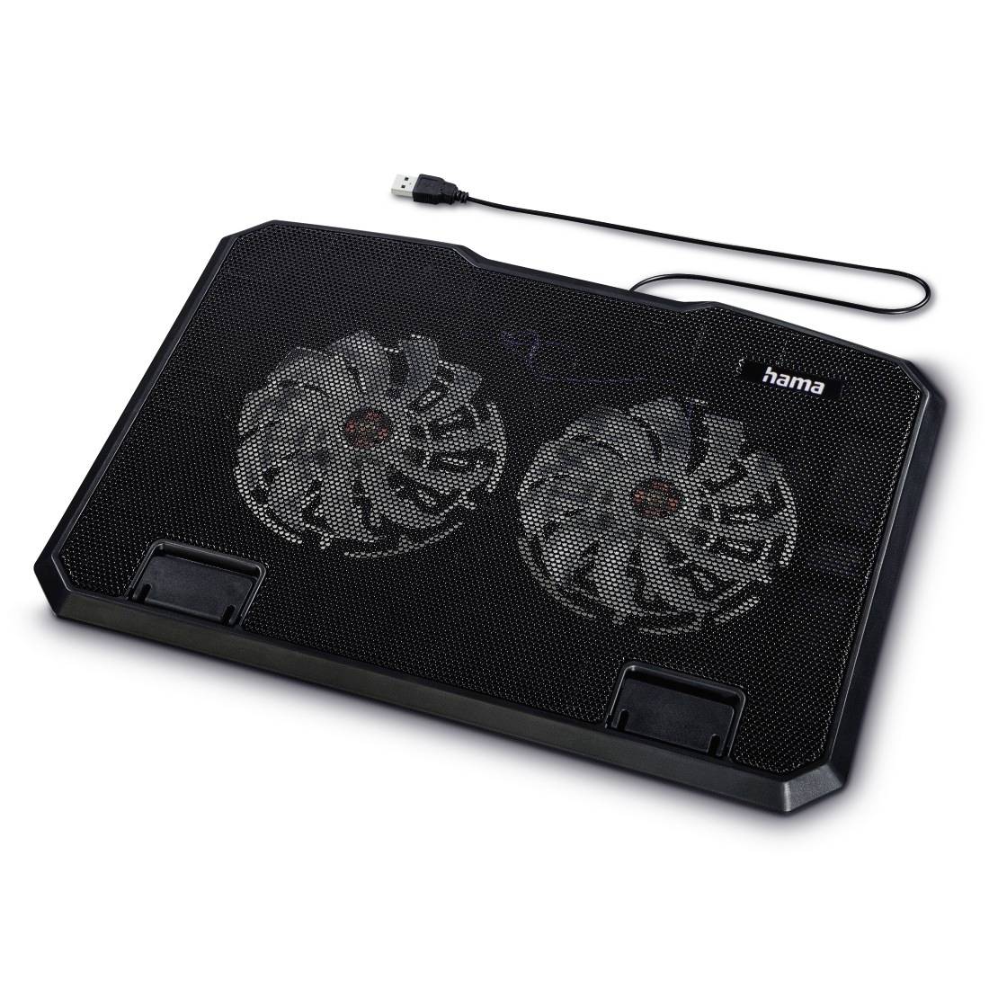 Svart laptop-kylfläkt med två stora fläktar och USB-kabel, märkt 'hama'.