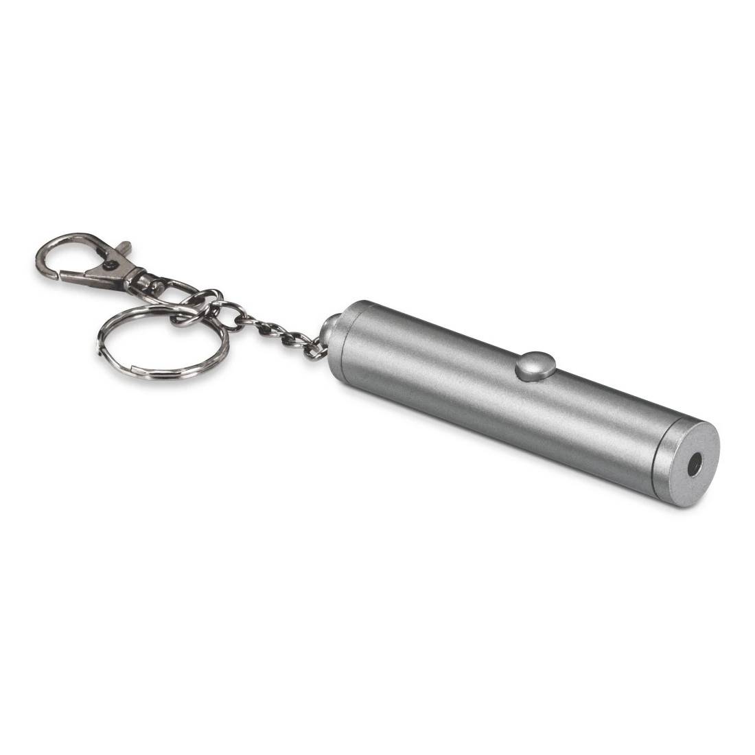 Silver cylindriskt ficklampa nyckelring med kläm och nyckelring på vit bakgrund