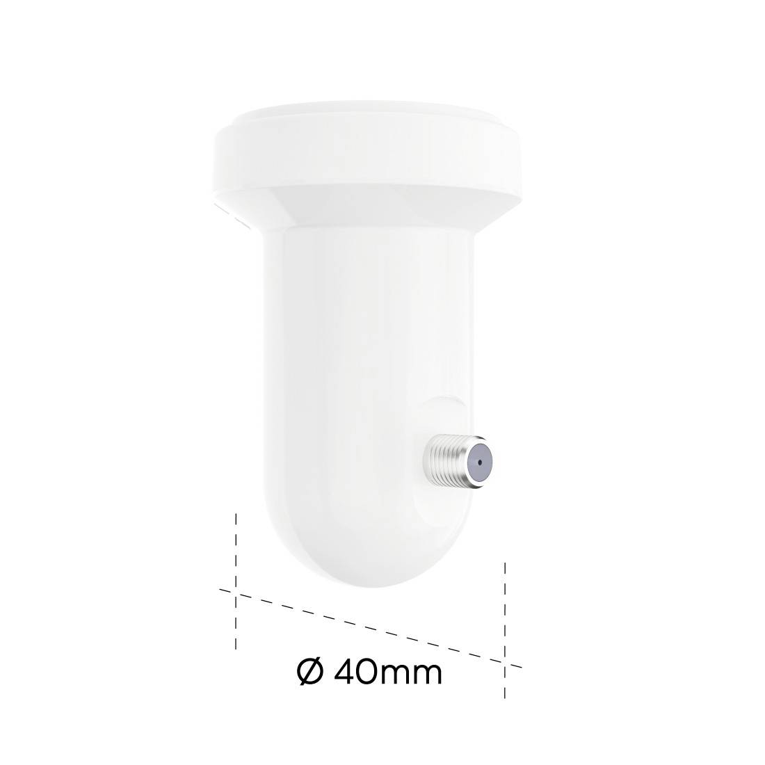 Vit plaströrkoppling med sidoutlopp, märkt "Ø 40mm" för att indikera en diameter på 40 mm.