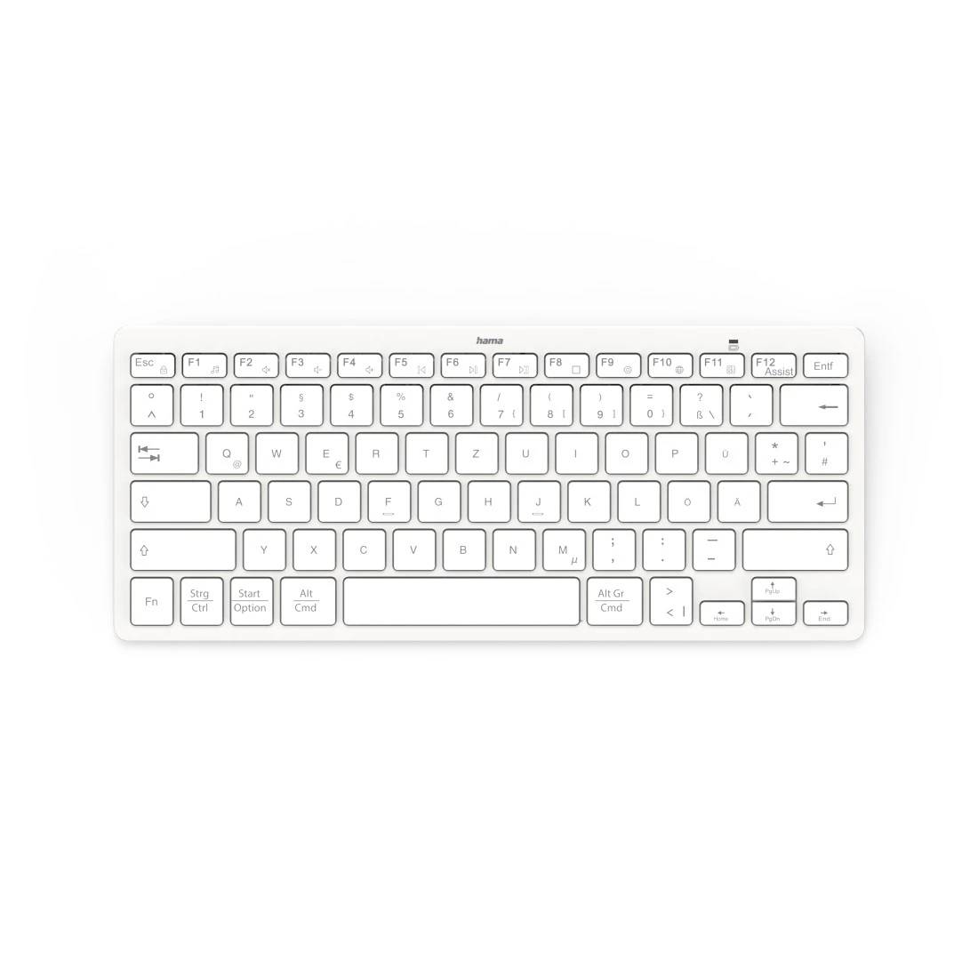 Kompakt vit trådlös tangentbord med låga tangenter och fransk AZERTY-layout på en enkel bakgrund.