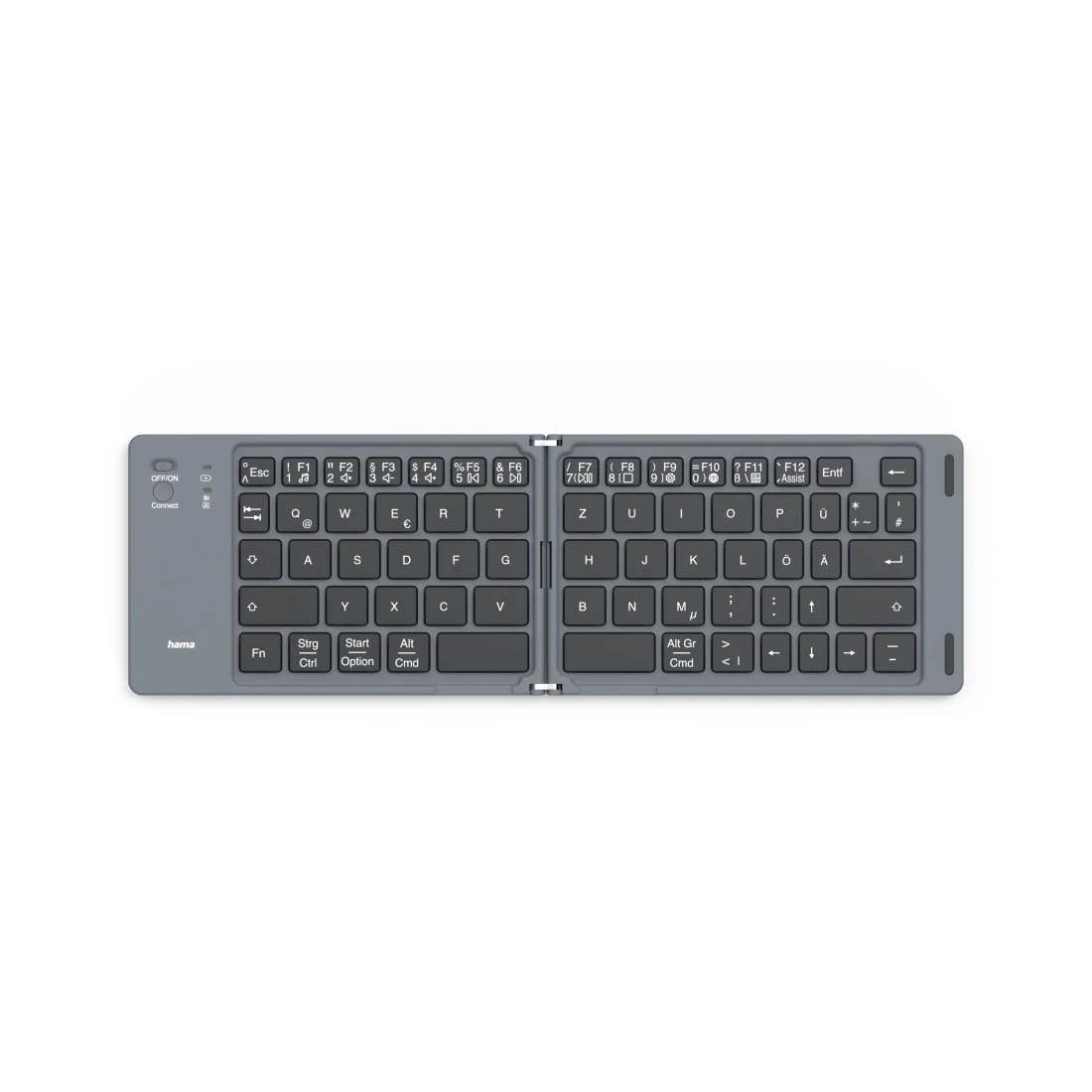 Kompakt grå delad ergonomisk tangentbord med ett centralt gångjärn och separata vänster/höger tangentsektioner, visad på en vit bakgrund.