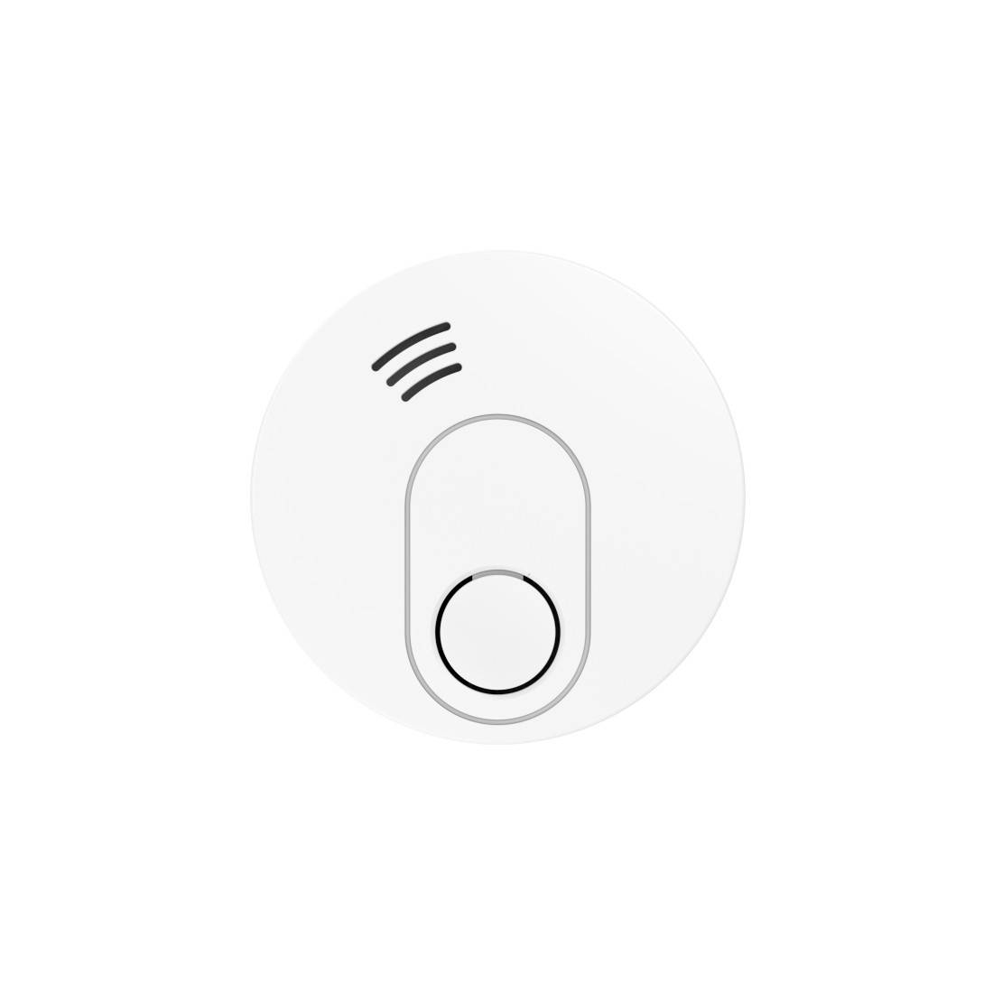 Minimalistisk vit kontrollknappikon med ett cirkulärt ansikte, en vertikal mittenknapp och tre små böjda signallinjer i övre vänstra hörnet.