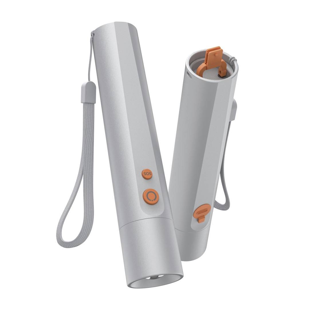 Två silverfärgade cylindriska handhållna enheter med handledsremmar och orange knappar, en med öppen topp och den andra med ett ljus eller lins i botten, på en vit bakgrund.