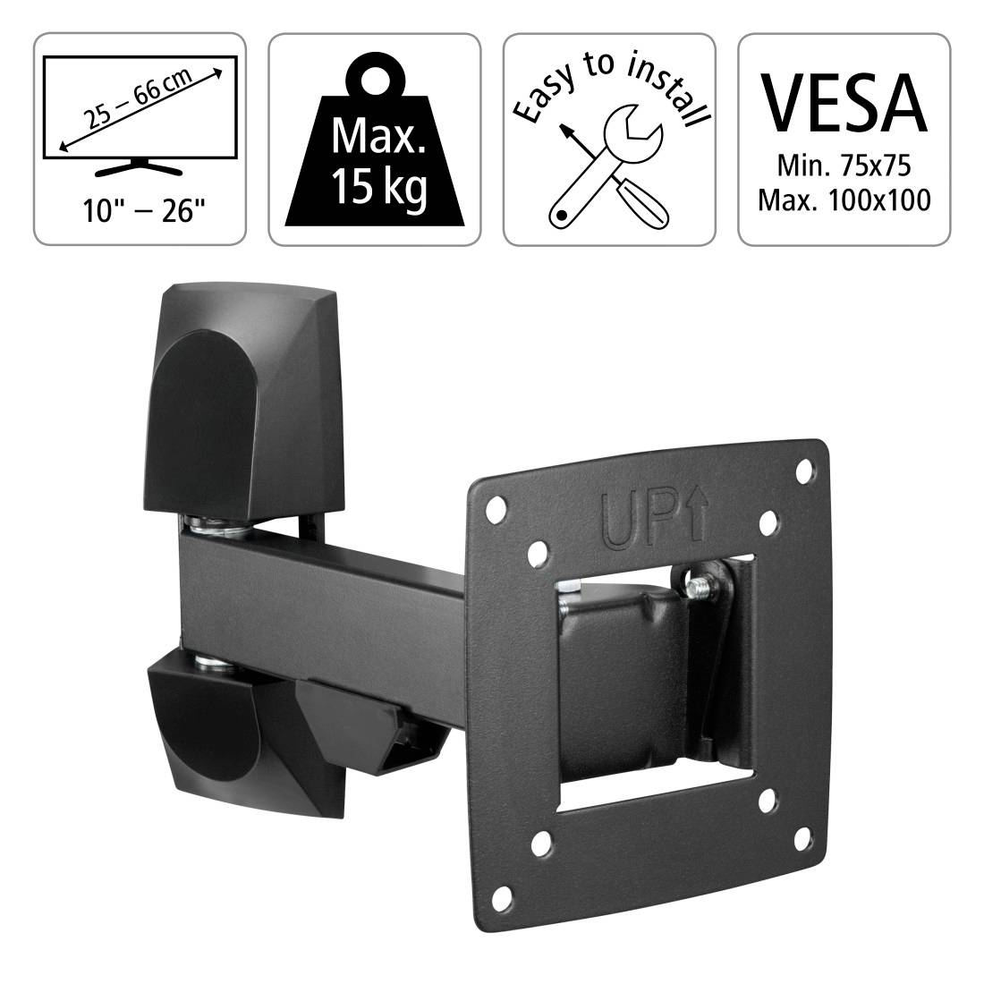 TV-väggfäste för 10-26 tums skärmar, stöder upp till 15 kg, enkelt att installera, VESA 75x75 till 100x100.