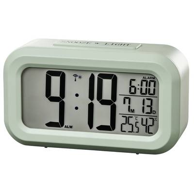 Mintgrön digital väckarklocka som visar 9:19, med alarm inställd för 6:00 och datum/tid-temperaturvisning på höger sida.