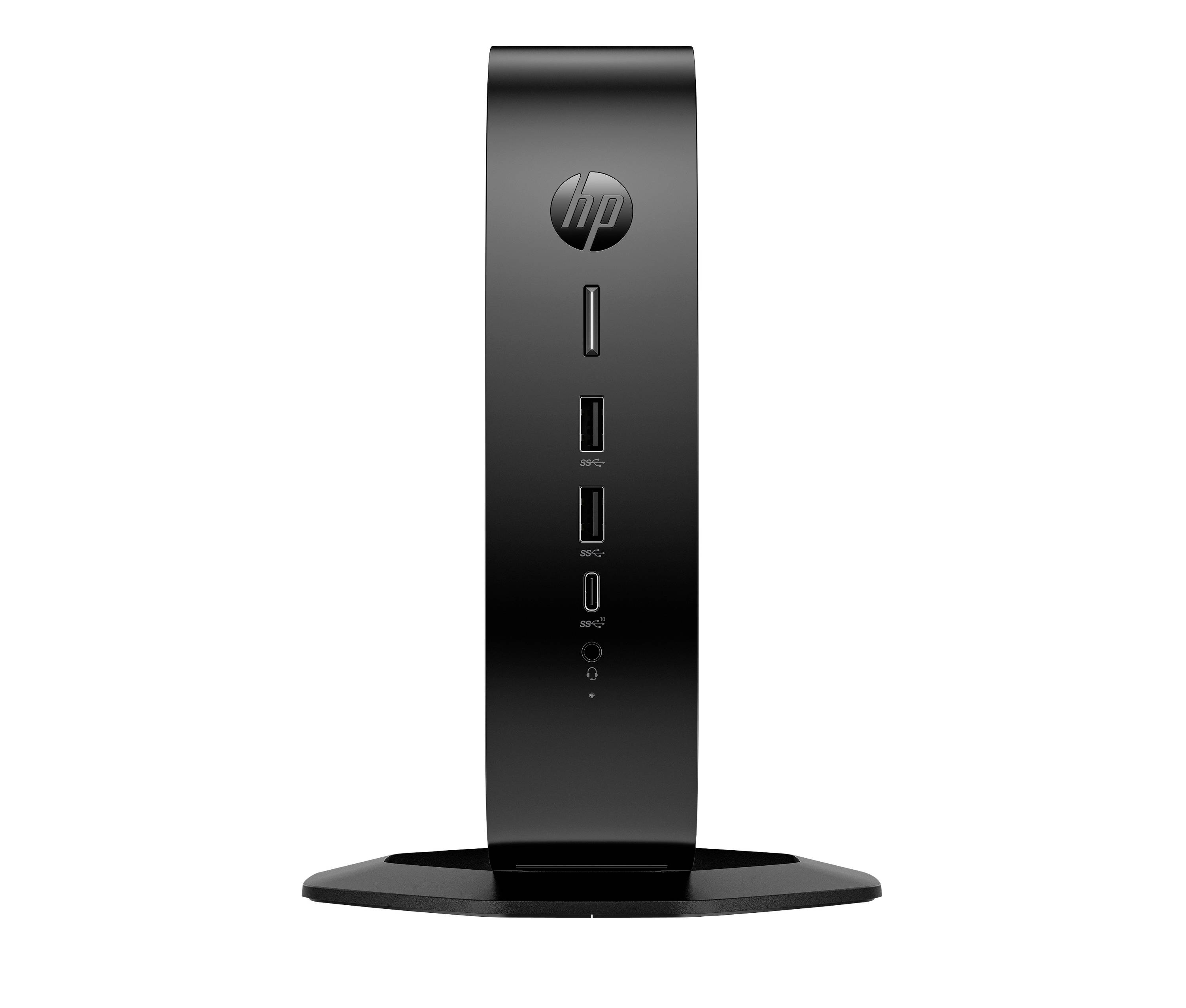 Svart HP stationär dockningsstation med vertikal ställ och flera USB-portar på framsidan på en rundad bas.