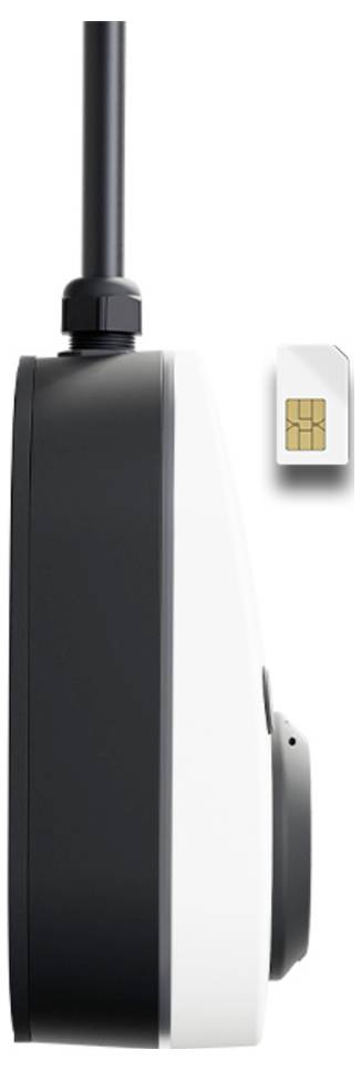 Svart-vit trådlös enhet med en vertikal antenn bredvid ett litet SIM-kort, vilket tyder på en mobil modem eller router.