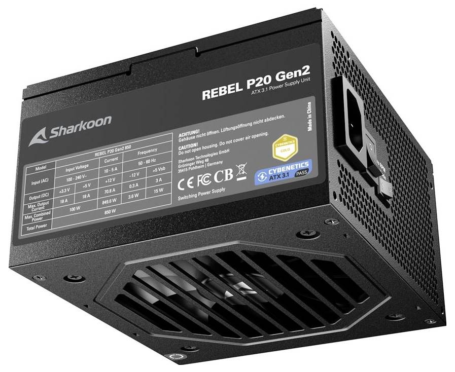 Vinklade svart Sharkoon REBEL P20 Gen2 ATX 3.1-strömförsörjningsenhet med märkta specifikationer och ventilationsgaller.