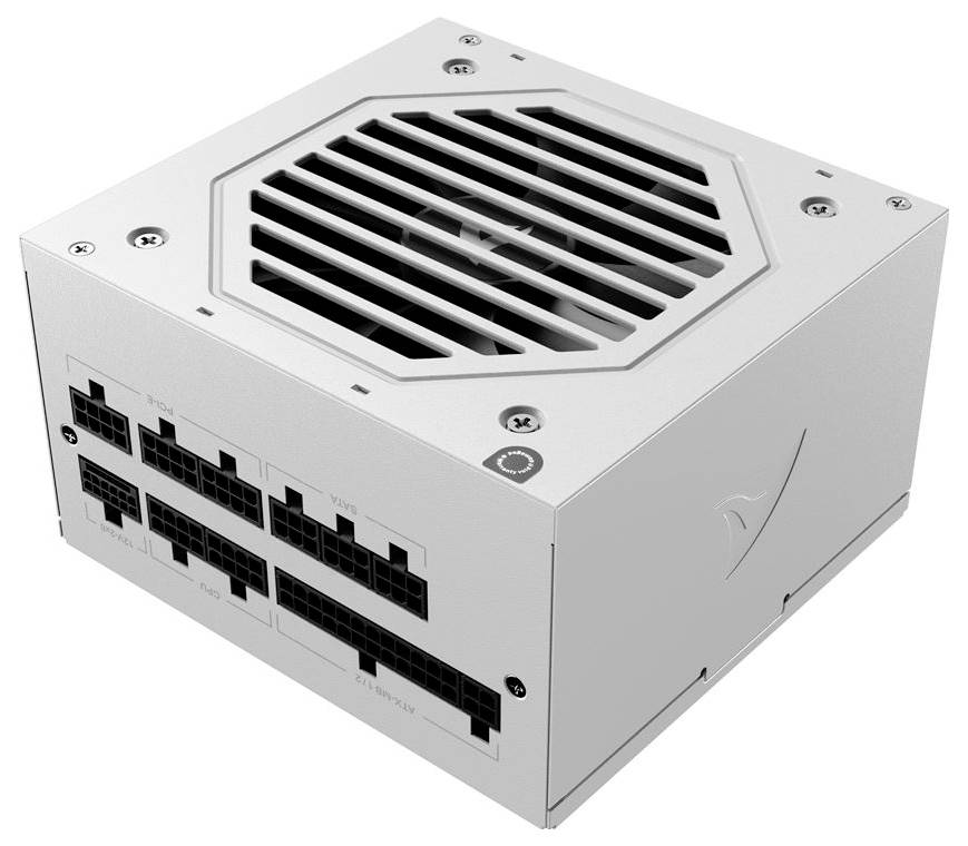 Vit modulär datorströmförsörjningsenhet med ventilationsgaller överst och flera bakre kabelportar.