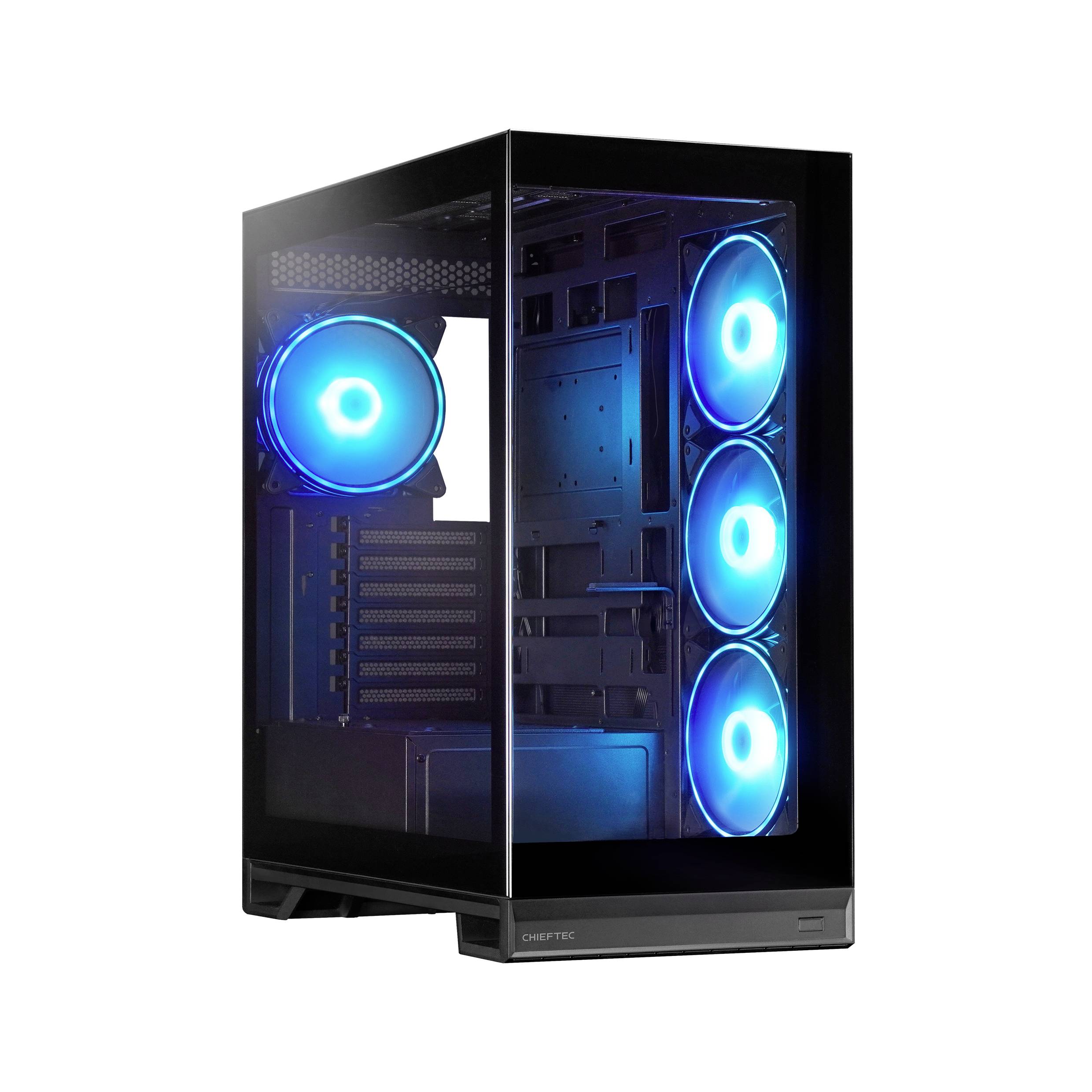 Svart gaming-PC-torn med glaspaneler och blålysande kylfläktar synliga inuti.