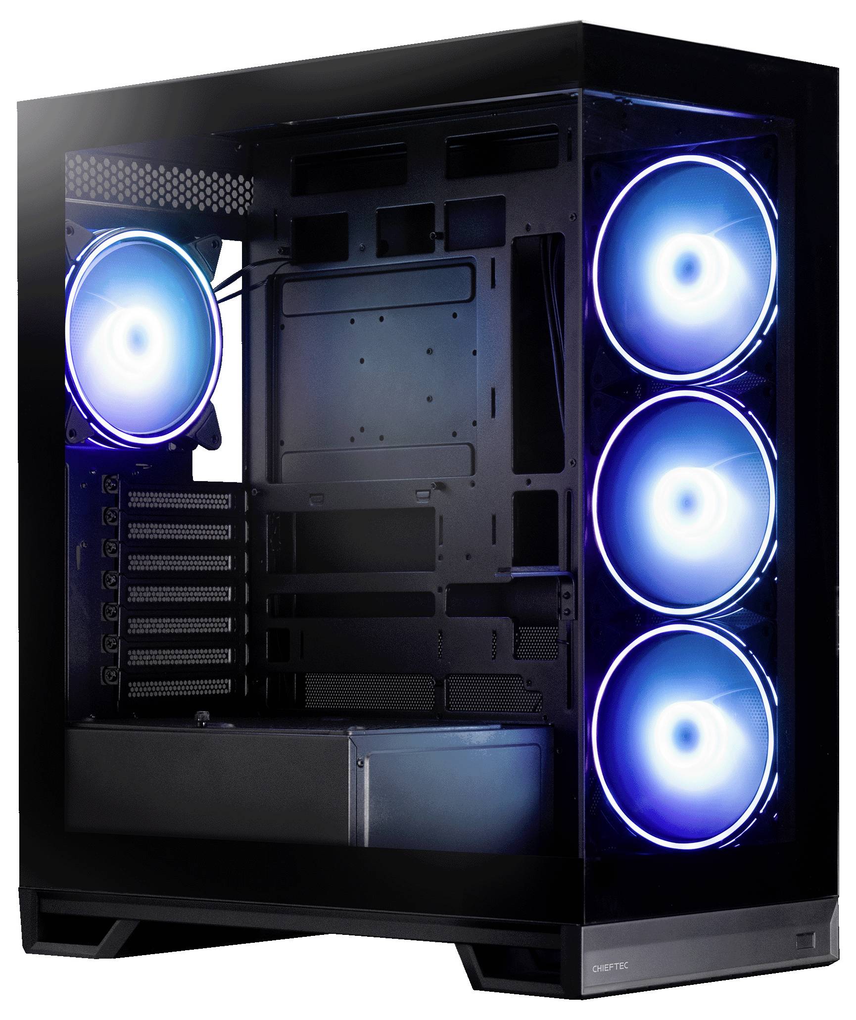 Tom svart datorväska för stationär dator med tre blå RGB-fläktar på framsidan och en baktill, visar det inre chassit och PSU-skyddet.