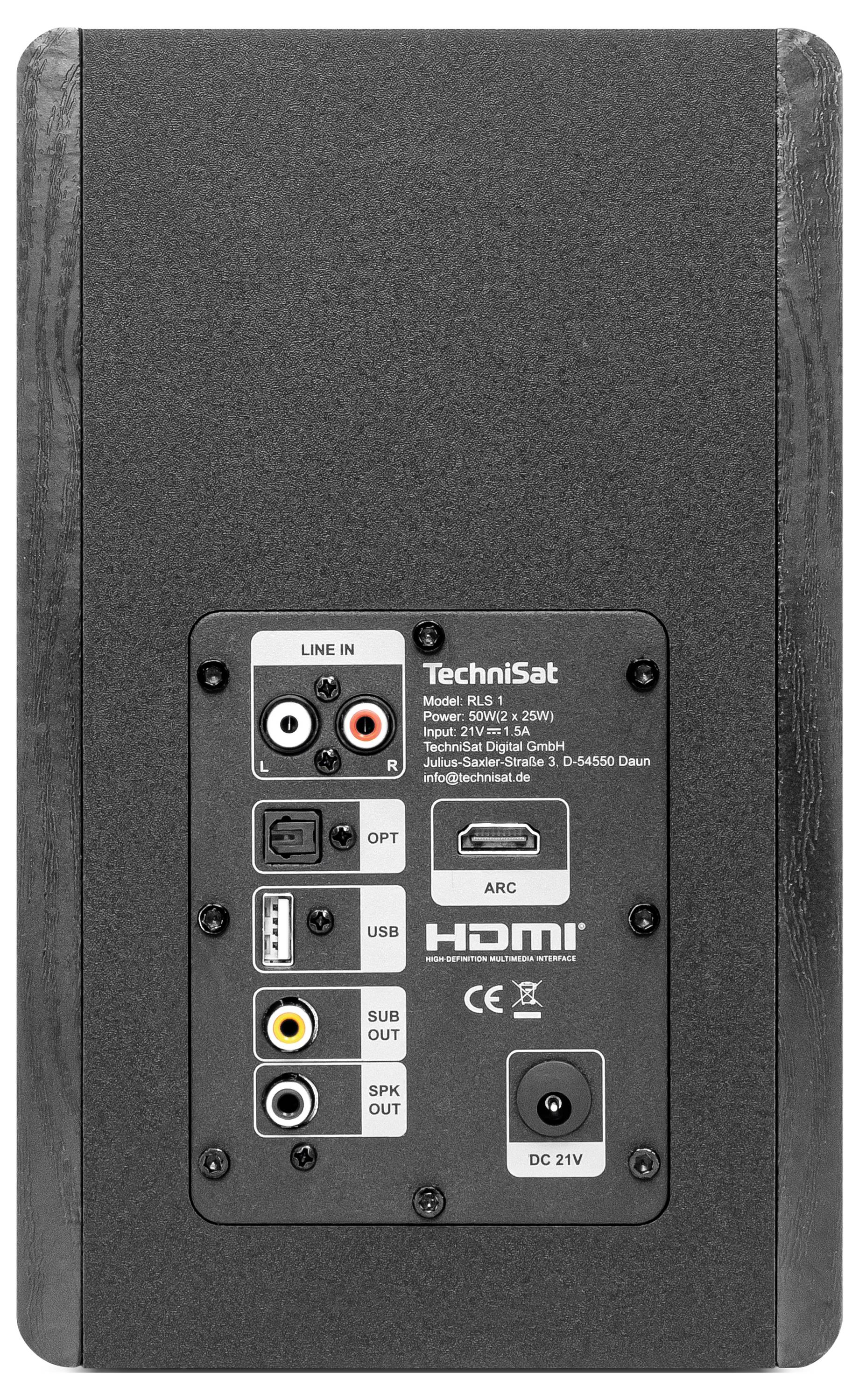 Bakre anslutningspanel på en TechniSat högtalare/subwoofer, visar linjeingång, optisk, USB, subwoofer-utgång, högtalare-utgång, HDMI ARC och DC 21V strömkontakt.