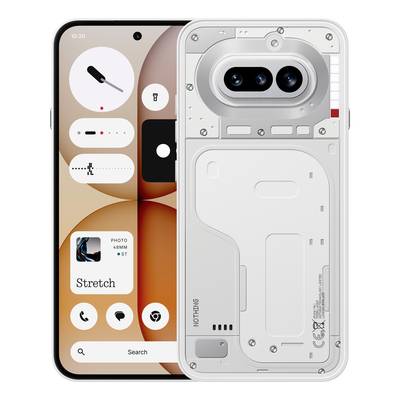 White Nothing smartphone visas framifrån och bakifrån, med baksidan som exponerar en genomskinlig design och dubbel kameramodul, och framsidan som visar en stiliserad hemskärm.