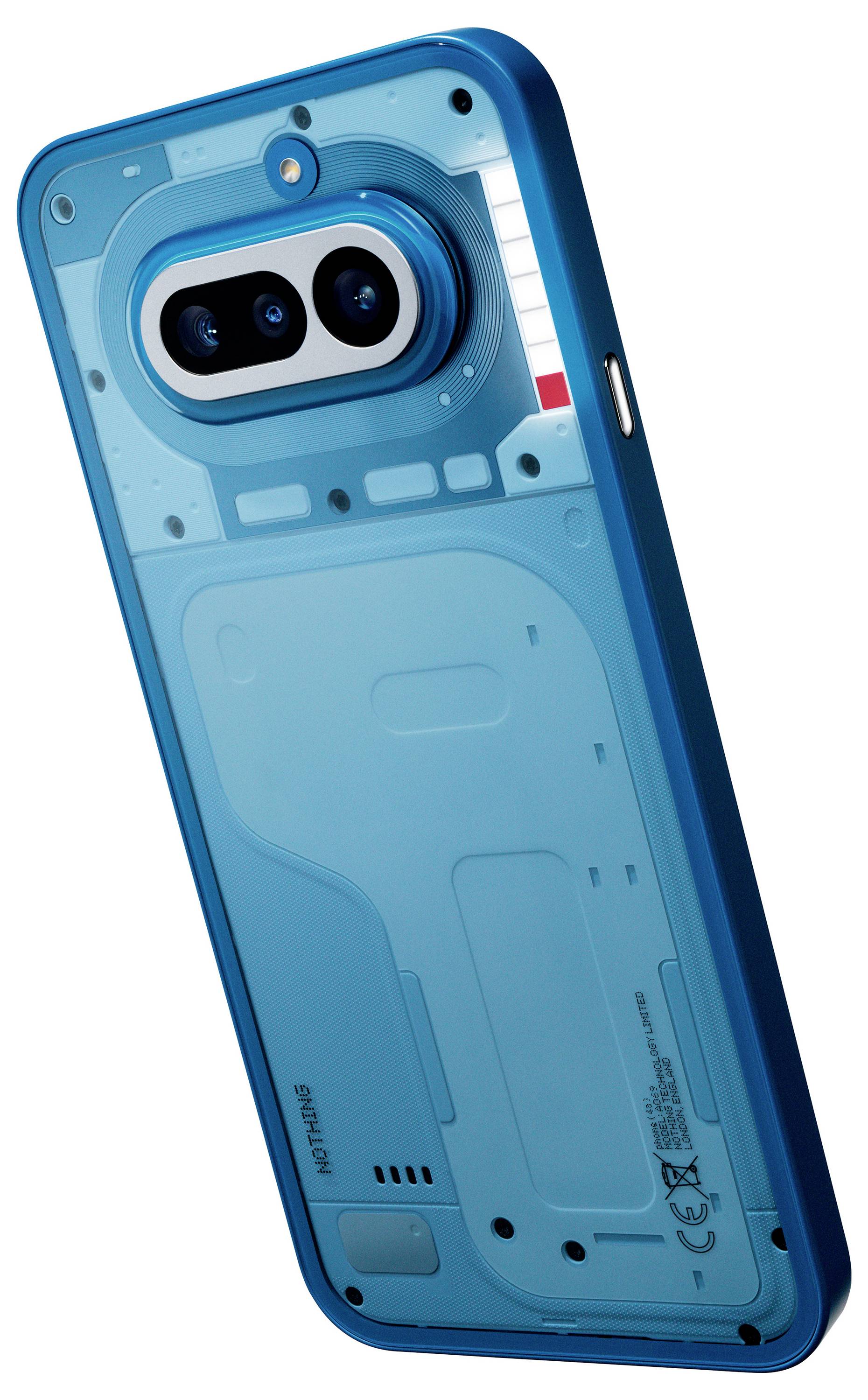 Transparent blått smartphonecase som visar baksidan av en telefon med dual kameralinsear och blixtlysöppning.