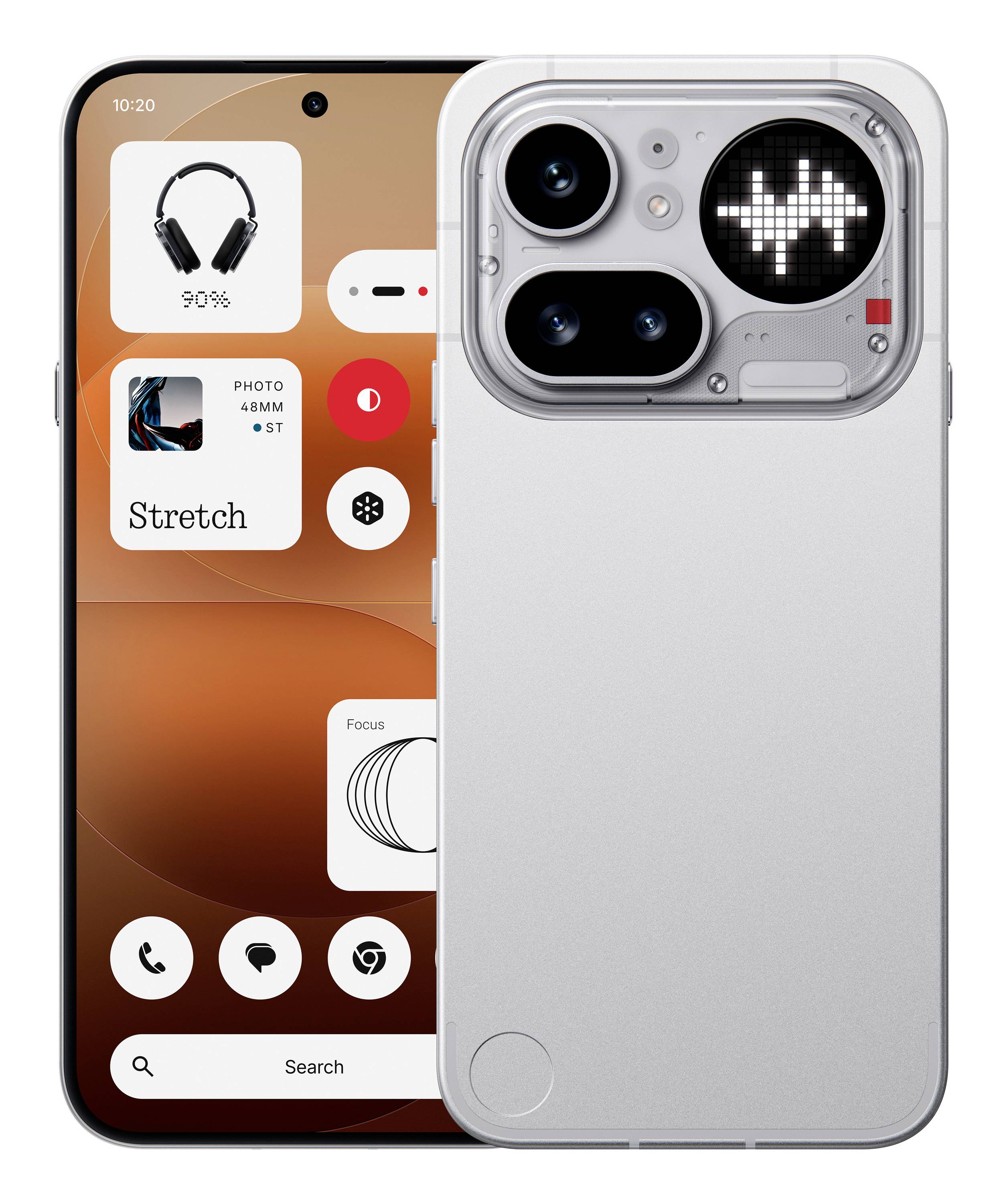 Två smartphones visas från fram- och baksidan; framsidan visar widgets på en orange startskärm, och baksidan har en silverfärgad kameramodul med ett pixelformat hjärteljus.