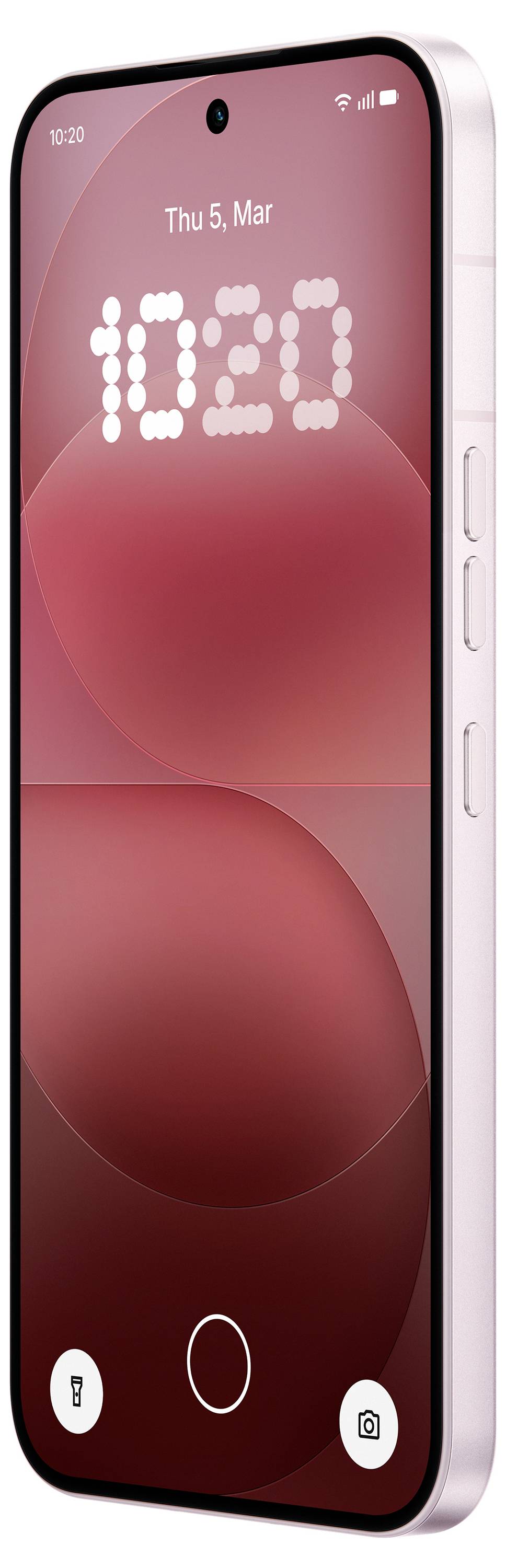 En rosa smarttelefon visad framifrån med låsskärmen på, som visar "Thu 5, Mar" och tiden "10:20".