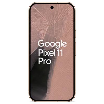 Google Pixel 11 Pro smartphone visad framifrån med roseguld ram och abstrakt bakgrundsbild på skärmen.