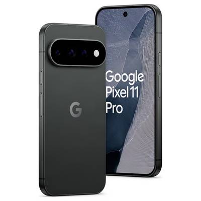 Två vyer av en Google Pixel 11 Pro-smartphone, som visar baksidan med trippelkamerastång och framsidan med skärmtext.