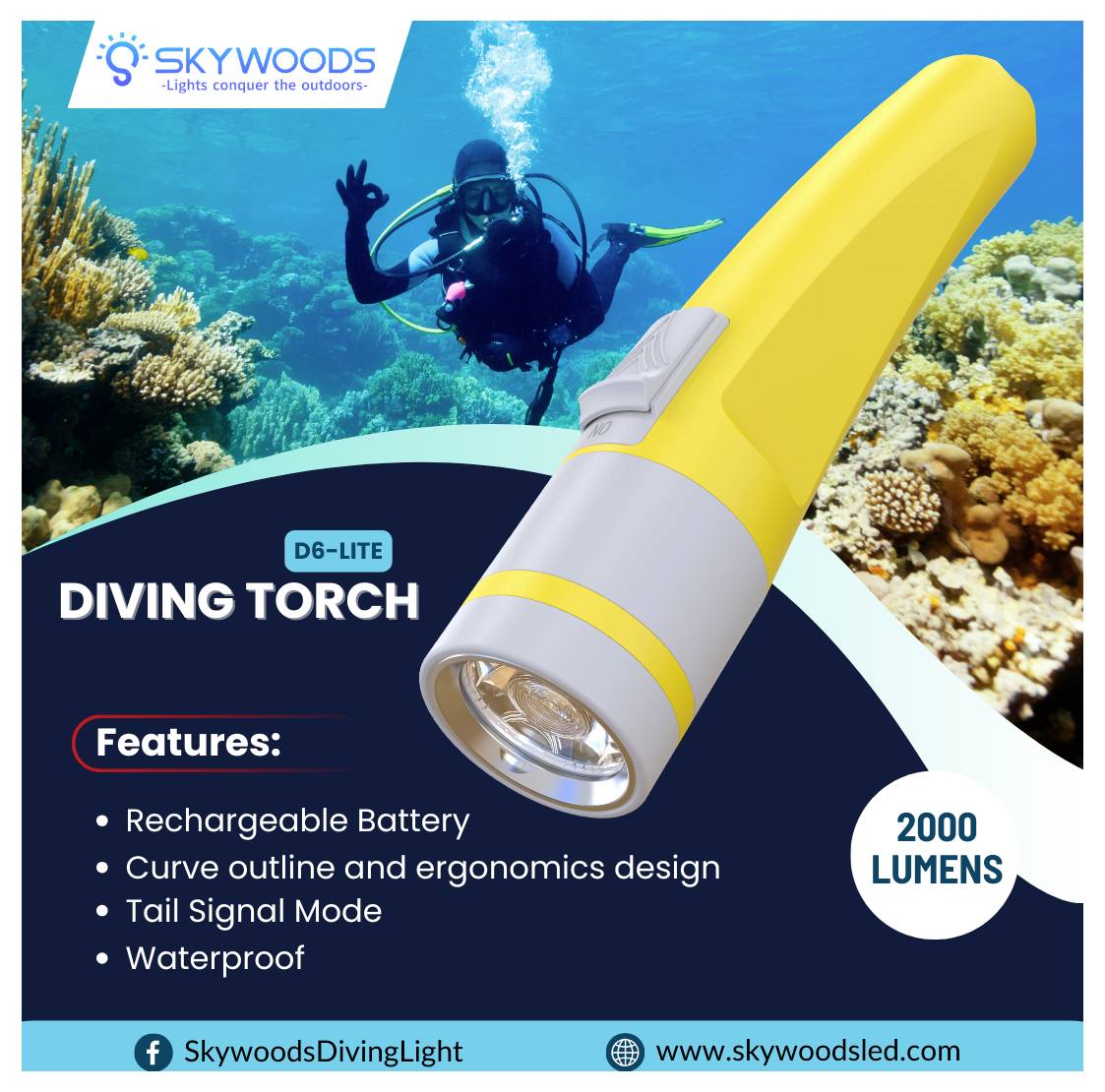 Skywoods D6-Lite dyknärljus<br><br>Presenteras över en undervattensscen med scubadikning<br><br>Höjdpunkter:<br>- 2000 lumen<br>- Uppladdningsbar batteri<br>- Ergonomisk vattentät design<br>- Svansljussignalläge