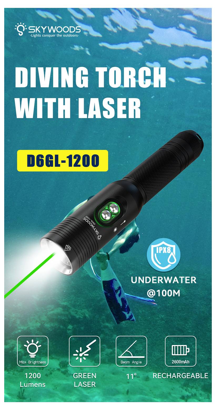 Marknadsföringsbild av en Skywoods dykningstorka med laser, modell D66L-1200, som visar 1200 lumen, grön laser, 11° strålvinkel, uppladdningsbar och IPX8 vattentät ner till 100m.