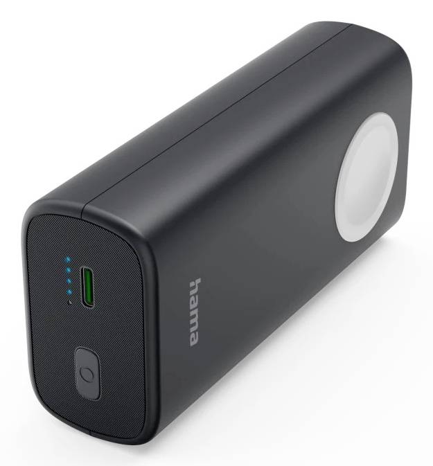 Svart Hama powerbank med USB-C-port, batteriindikatorsljus och strömknapp på framsidan.