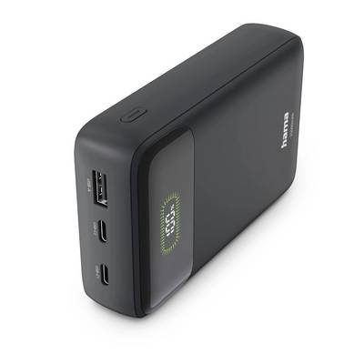 Svart Hama bärbar powerbank med USB-A och två USB-C-portar, batteristatusindikator och strömknapp.