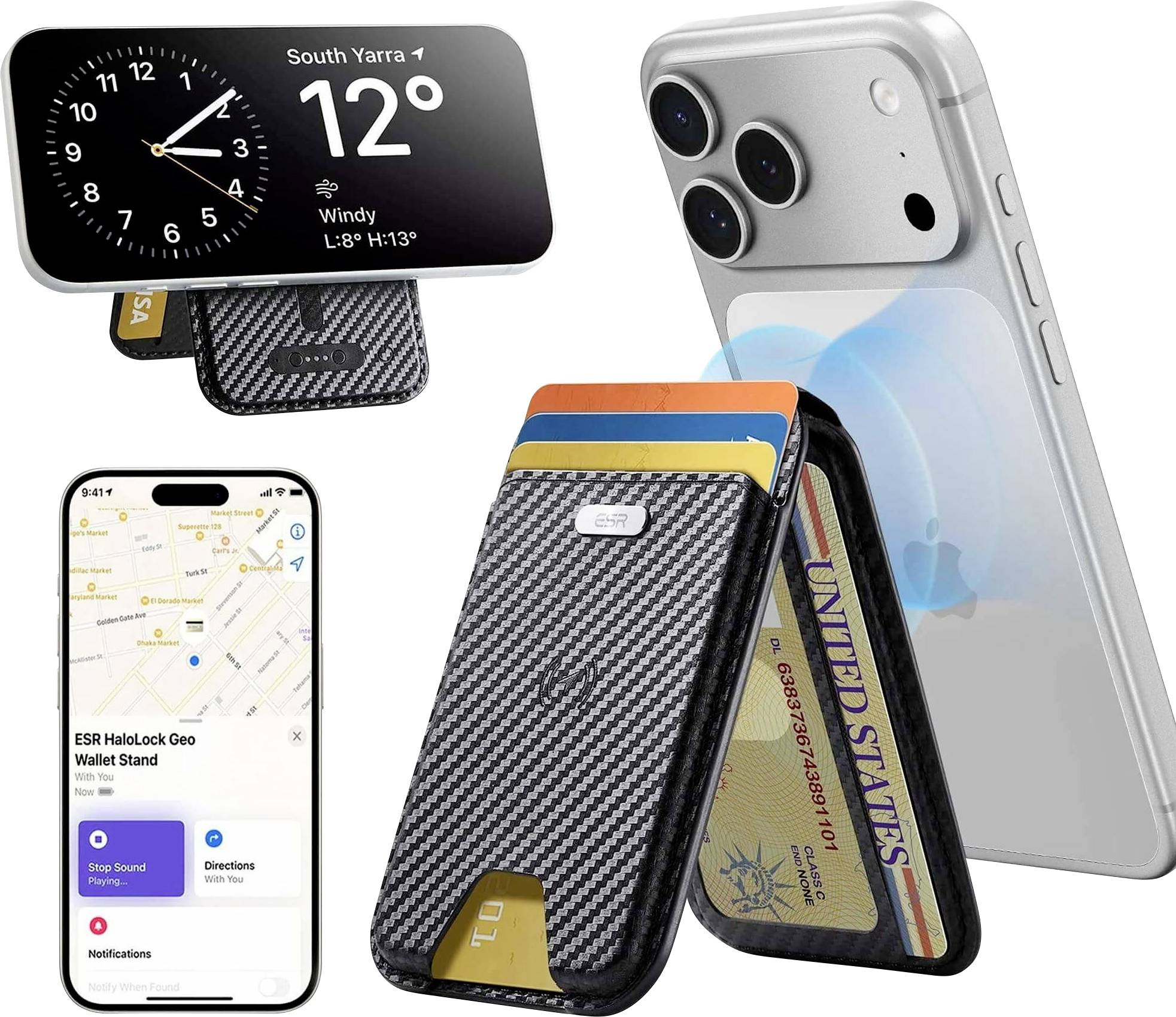 Smartphone med magnetisk plånboksstativ och kortshållare, visas i användning som ett stativ med väderrapport och kartor, plus telefonbefästning och kort.