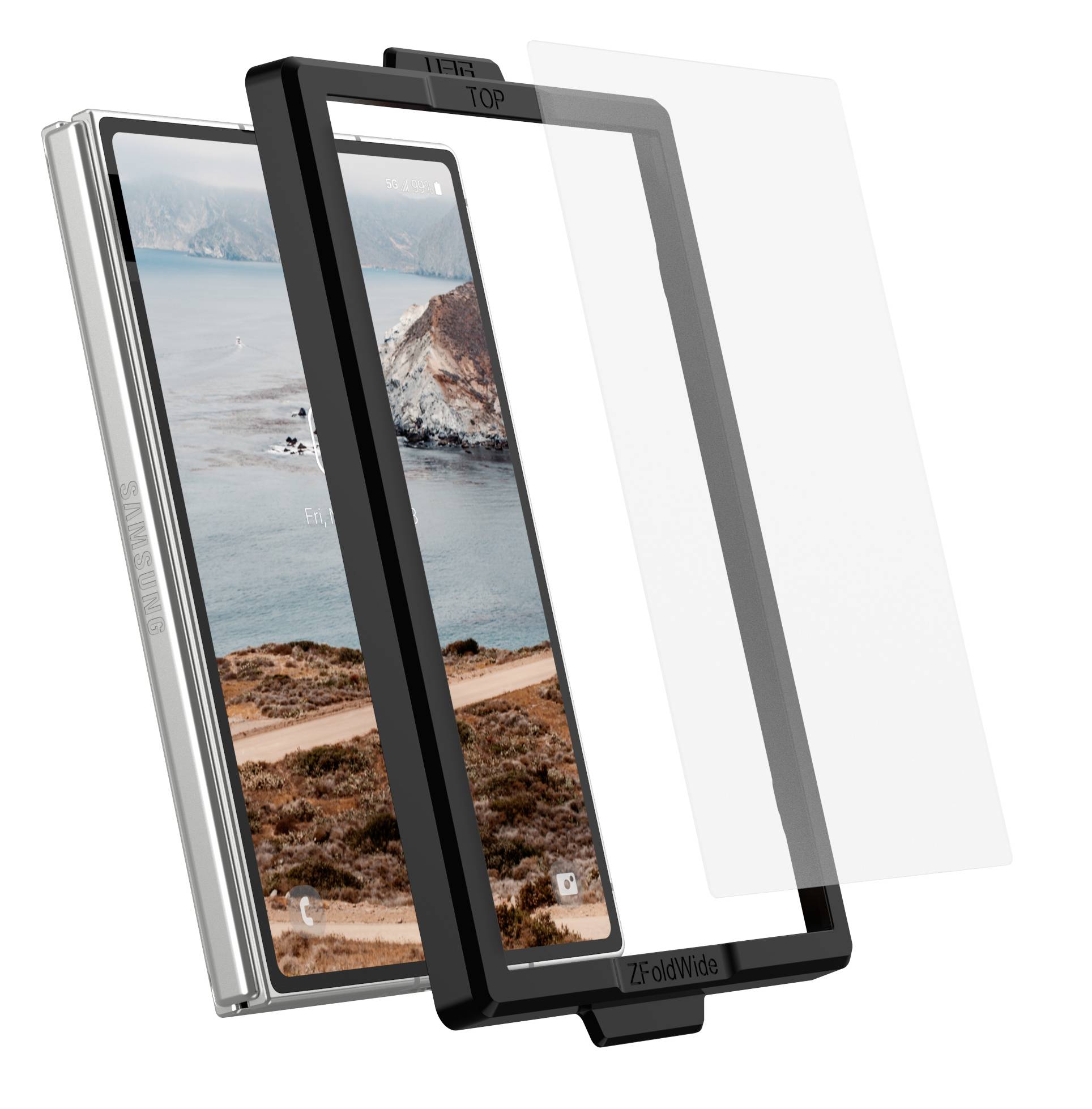 Trepanelad skyddslins för smartphonekamera med svart ram och klara glasskikt, visad i sprängskiss över en smartphoneskärm.