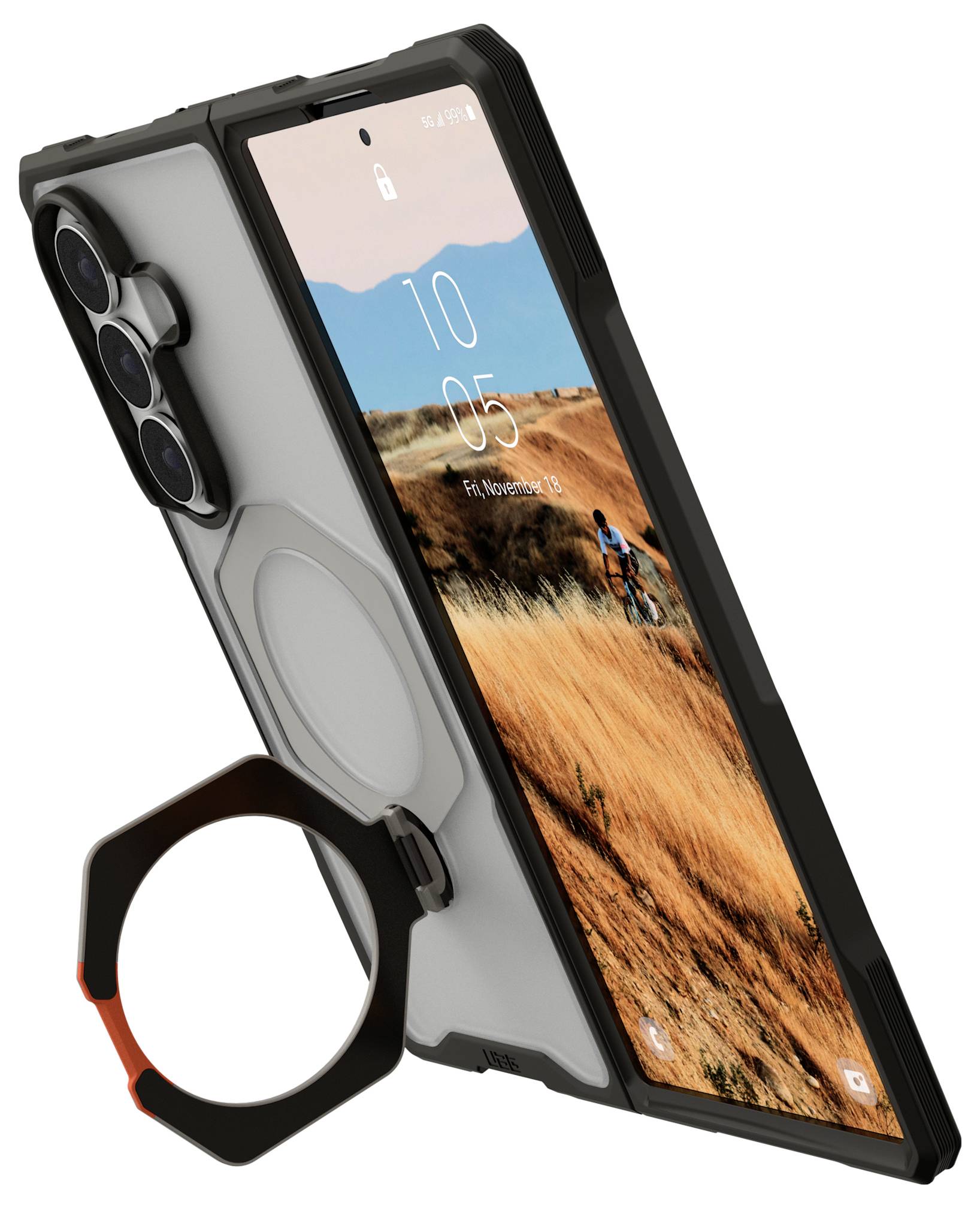 Svart robust smartphonefodral med upphöjd kamerabeskydding och en bifogad bakre ringstöd, visad på en telefon med ett liggande bakgrundsbild.