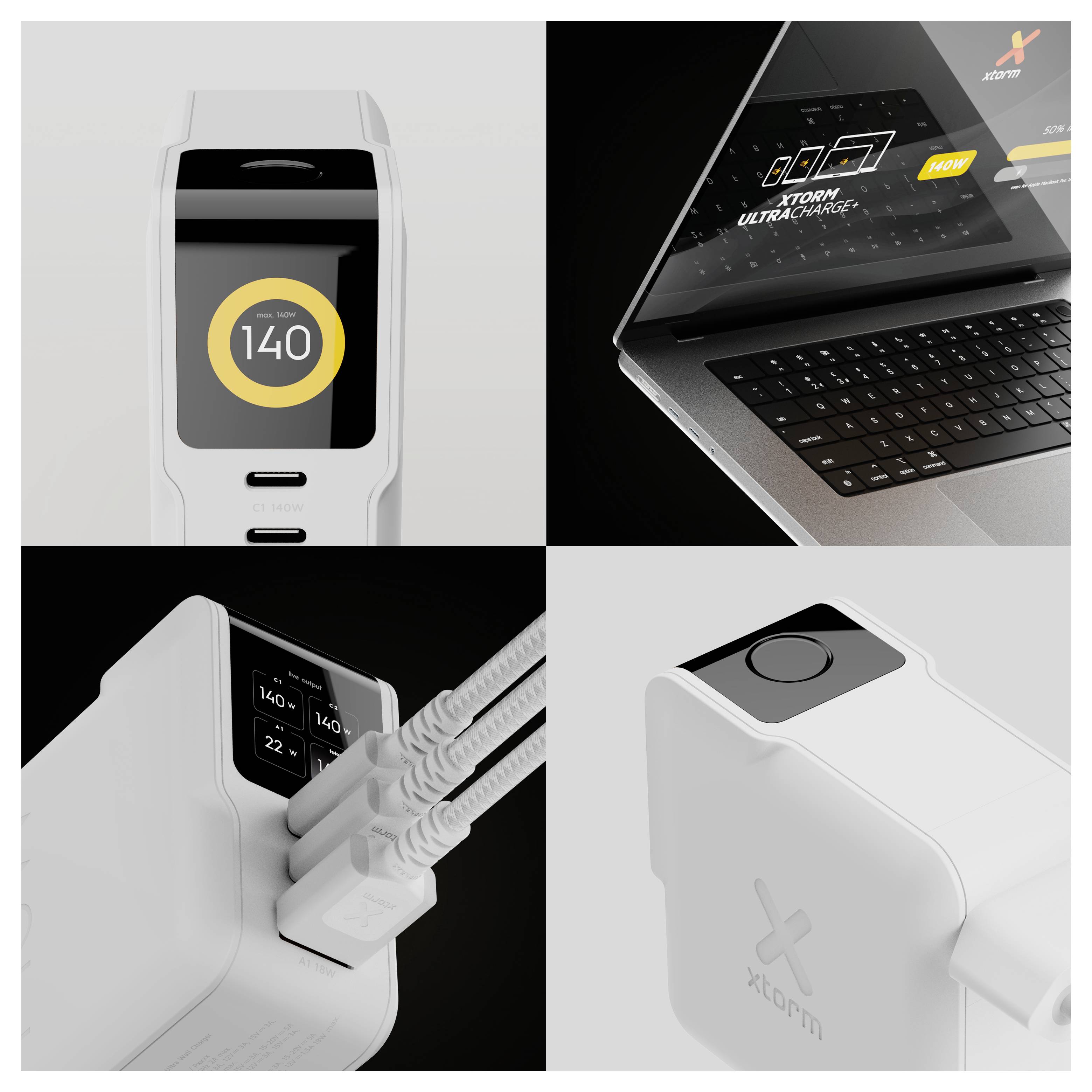 Kollage av en vit "Xtorm" powerbank/laddare med digital display som visar "140", laddkablar inkopplade och en bärbar dator ansluten till enheten.