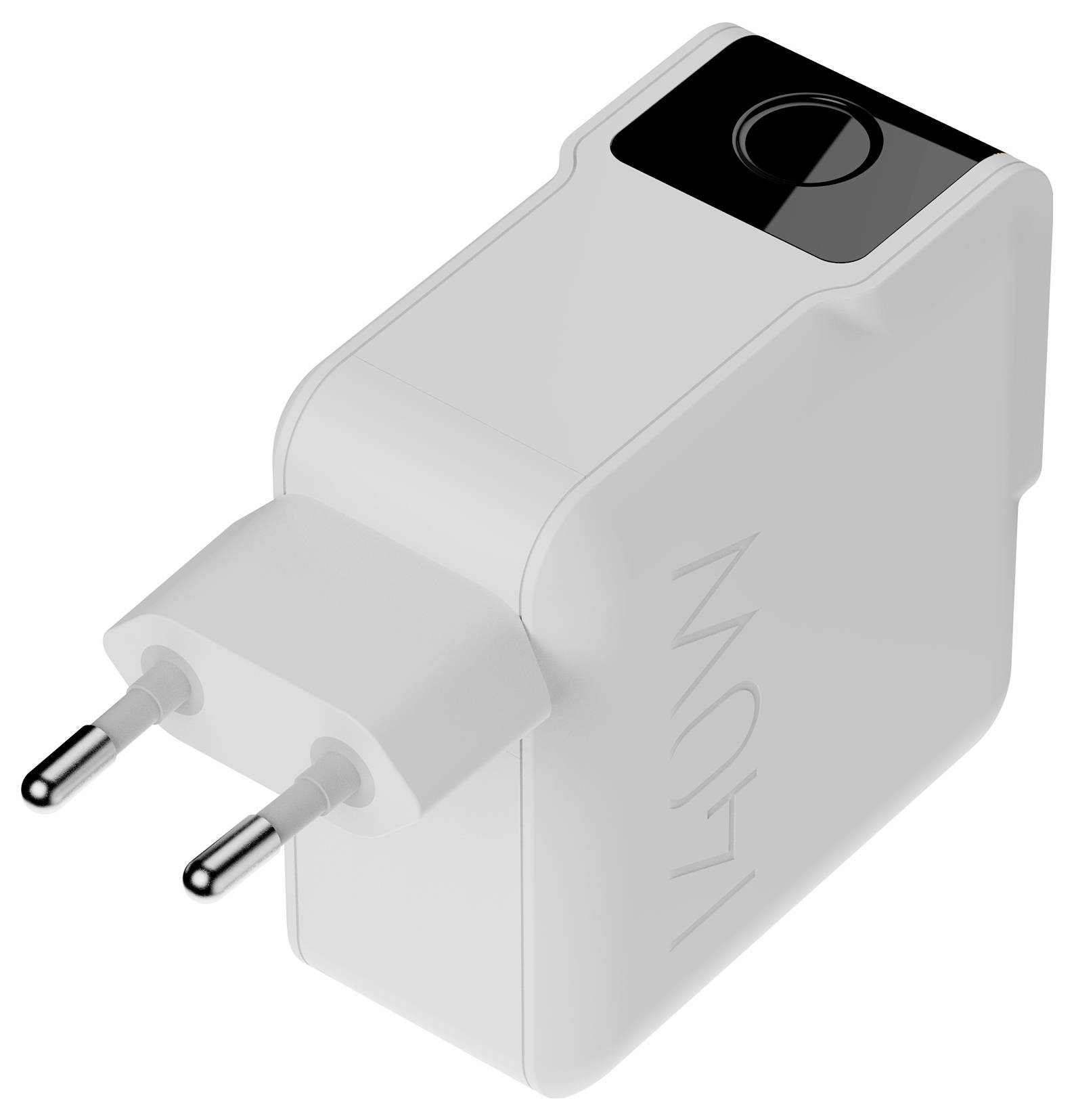 Vit elström-strömadapter med två runda europeiska pluggkontakter och en USB-C-port på toppen.