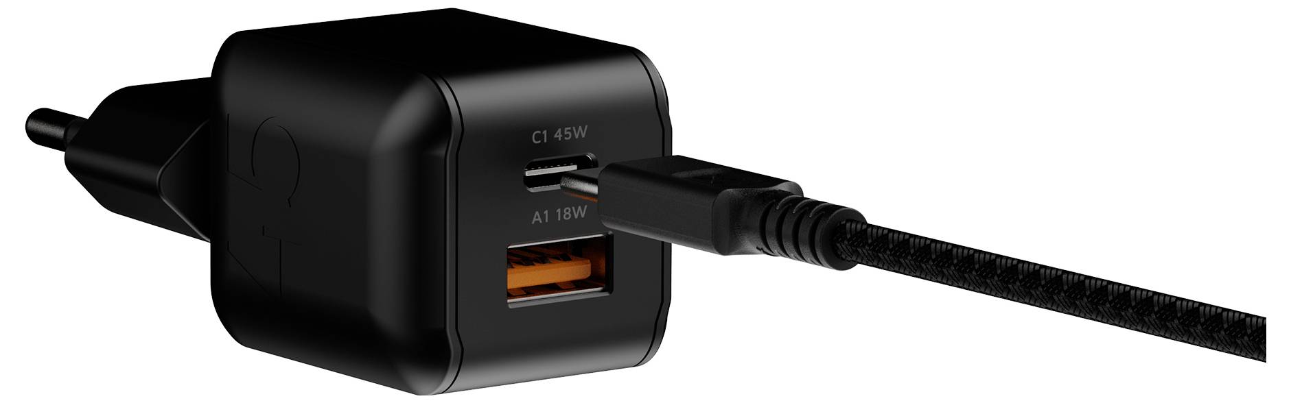 Svart väggkabel med två USB-C-portar märkta C1 45W och C2 18W, med en kabel inkopplad i den nedersta porten.