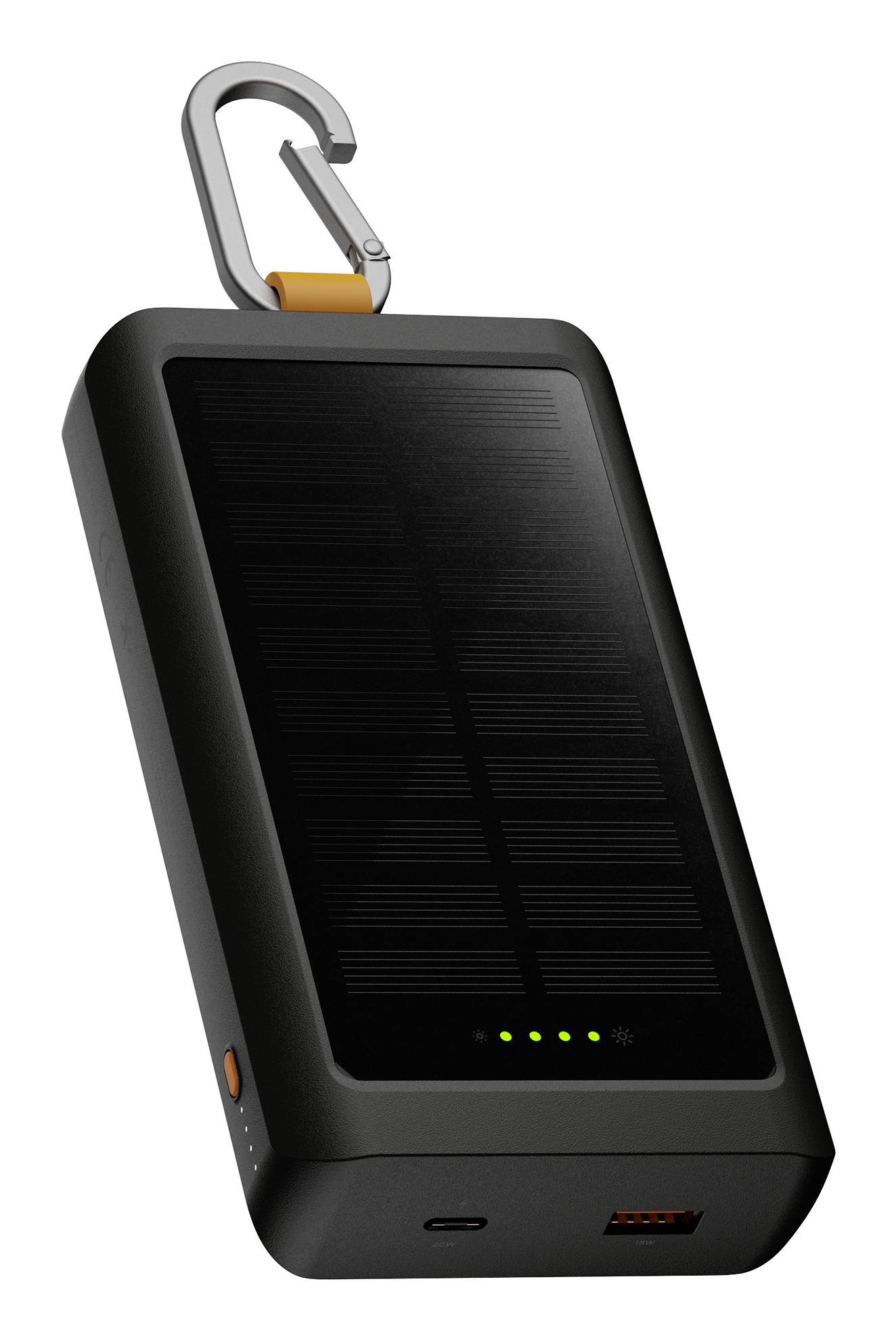 Bärbar solcellsladdare med karabinkrok, svart etui och fyra gröna batteriindikatörer.