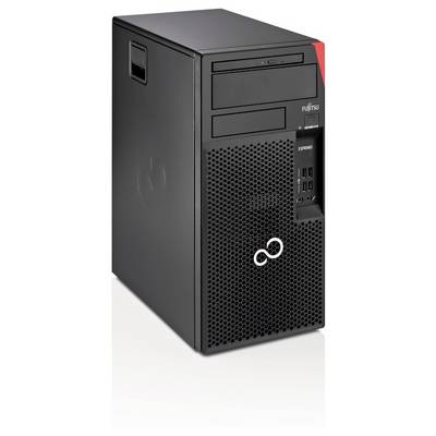 Svart Fujitsu-stationdatortornet med främre enhetsplatser, ventilationsgaller och USB-portar.