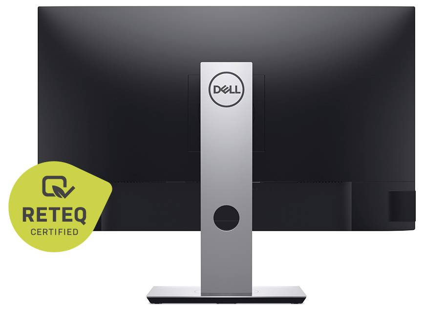Frontvy av en Dell-skärm på ett stativ, med ett grönt "RETEQ CERTIFIED"-märke i det nedre vänstra hörnet.