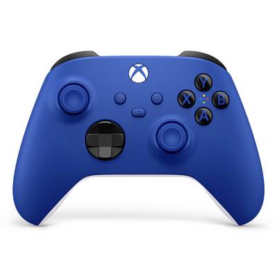 Blå Xbox trådlös spelkontroll på vit bakgrund, frontvy med tumsticks, D-pad, knappar och Xbox-logotyp.