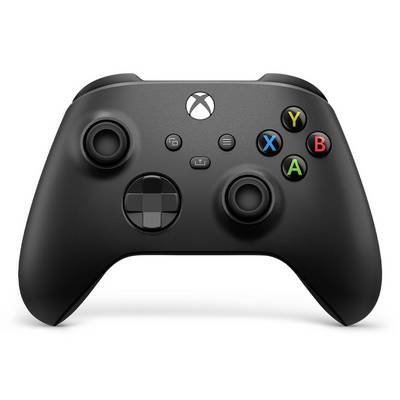 Svart Xbox-spelkontroll med analogstavar, riktningspadda, menyknapplar och färgade A, B, X, Y-knappar på en vit bakgrund.