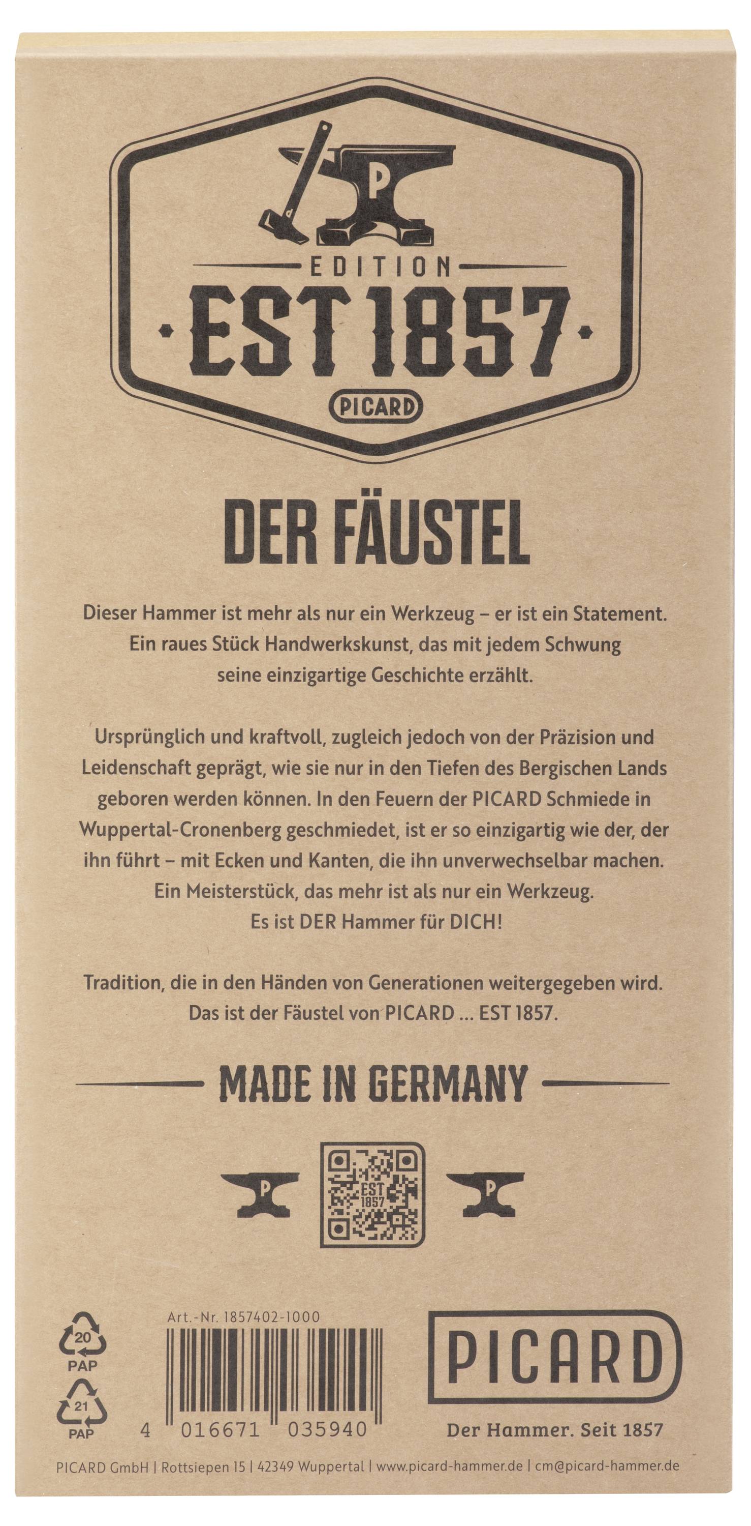 PICARD hammarbeslağ märkt med 'Edition EST 1857', 'DER FÄUSTEL' och 'MADE IN GERMANY', med produktdetaljer och streckkod.