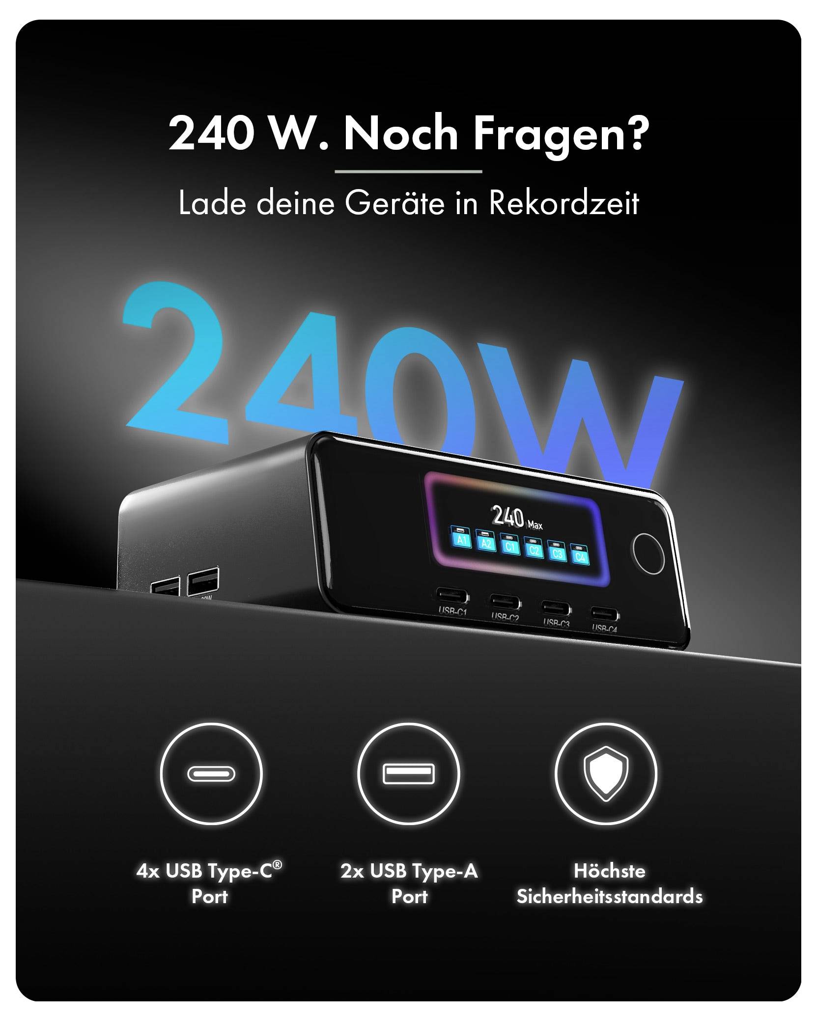 Reklambilder för en 240W-laddare med texten "240 W. Har du fler frågor? Ladda dina enheter på rekordtid", visar 4 USB Type-C-portar, 2 USB Type-A-portar och höga säkerhetsstandarder.
