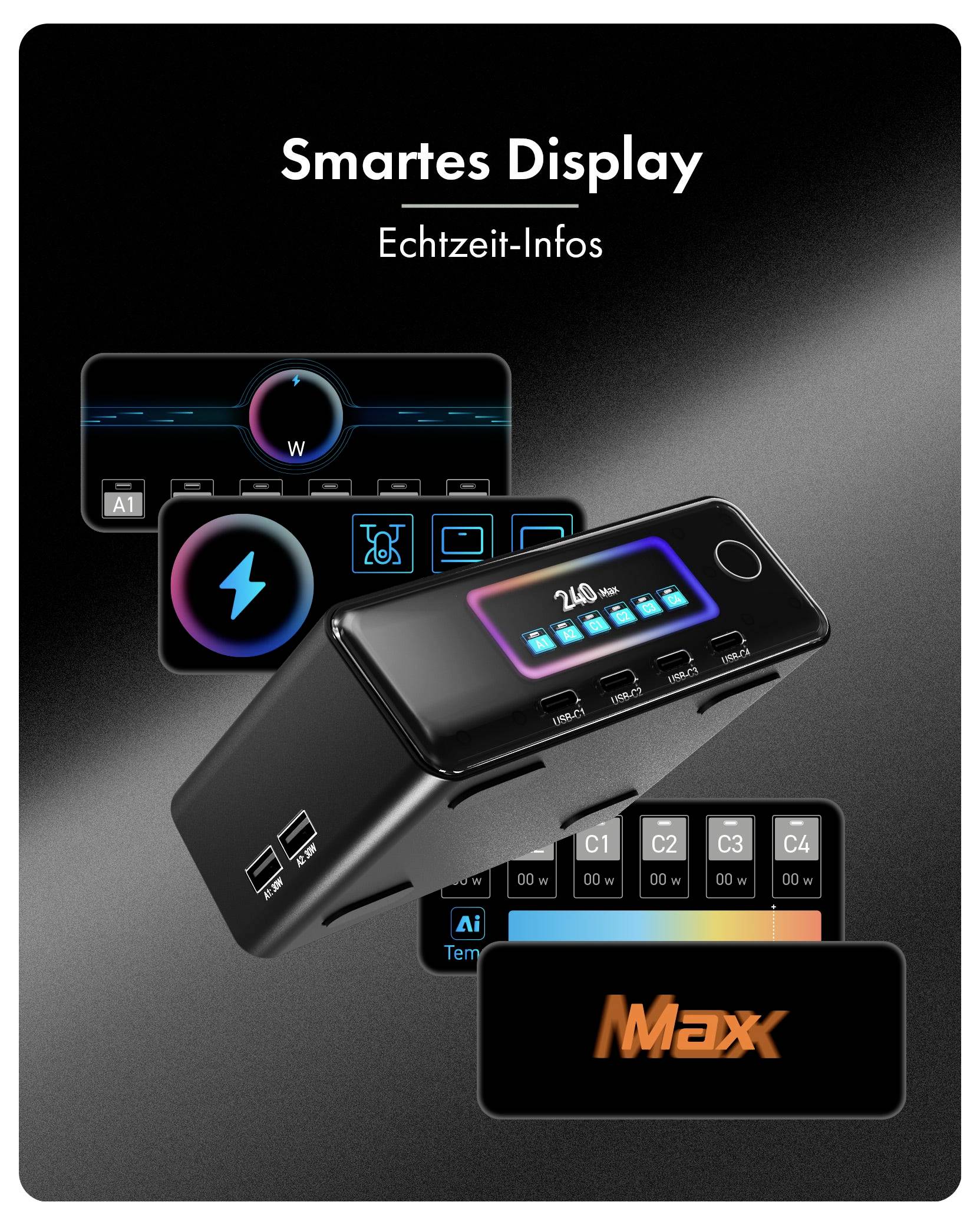 Smartes Display<br><br>Realtidsinformation<br><br>En svart kontrollenhet med upplyst skärm, ikoner och Maxx-varumärke.