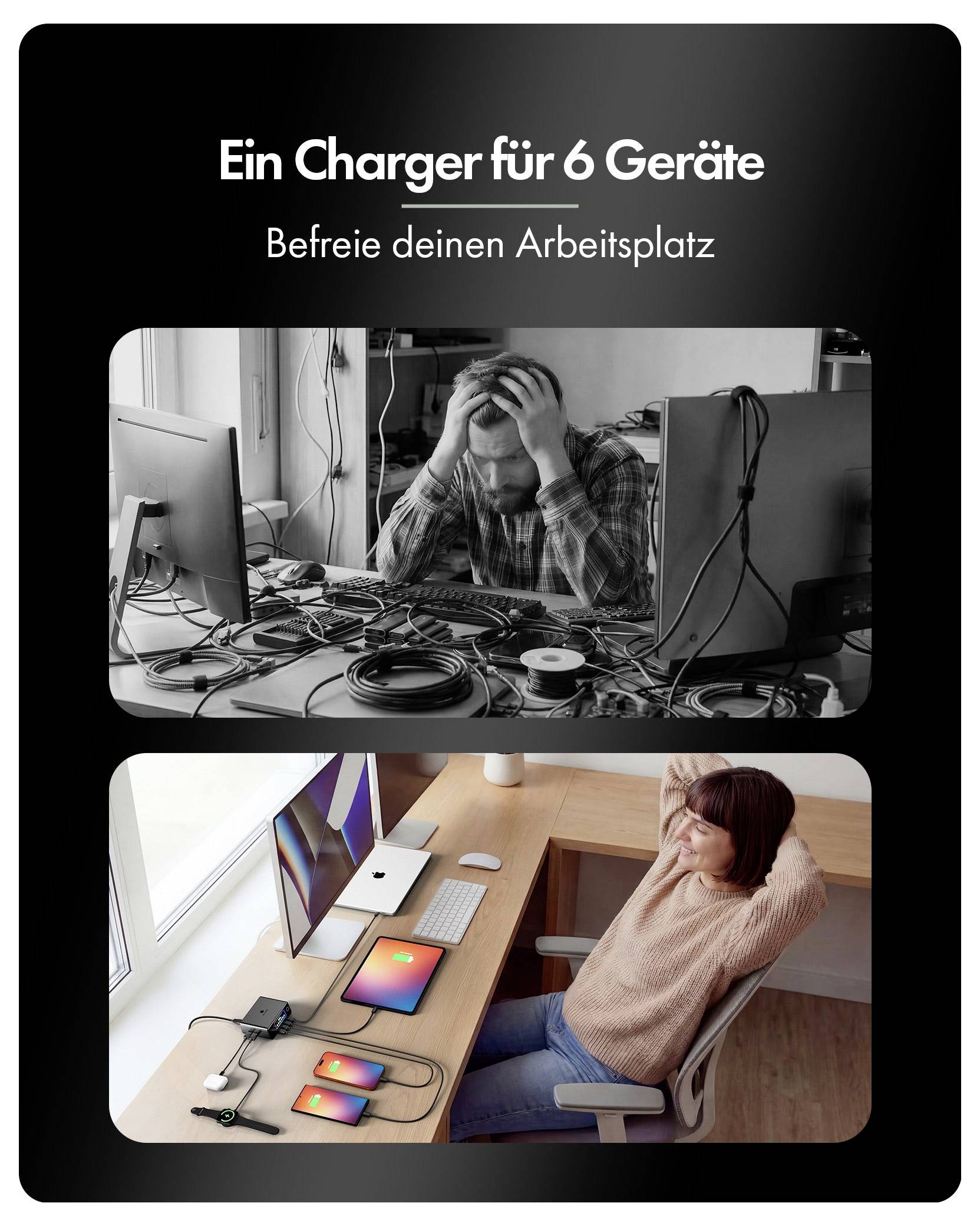 Annons för en "6-i-1-laddare" med texten "Befria din arbetsplats," som visar ett rörig skrivbord före och en organiserad arbetsyta efter användning av flera anslutna enheter.